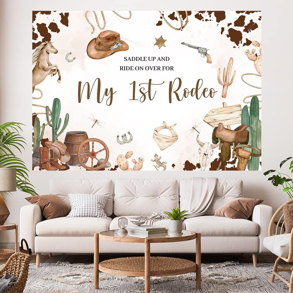 Hilioens Fondo de 7 x 5 pies con texto en inglés “My 1st Rodeo”, fondo de primer cumpleaños de vaquero occidental para niña, cactus del salvaje