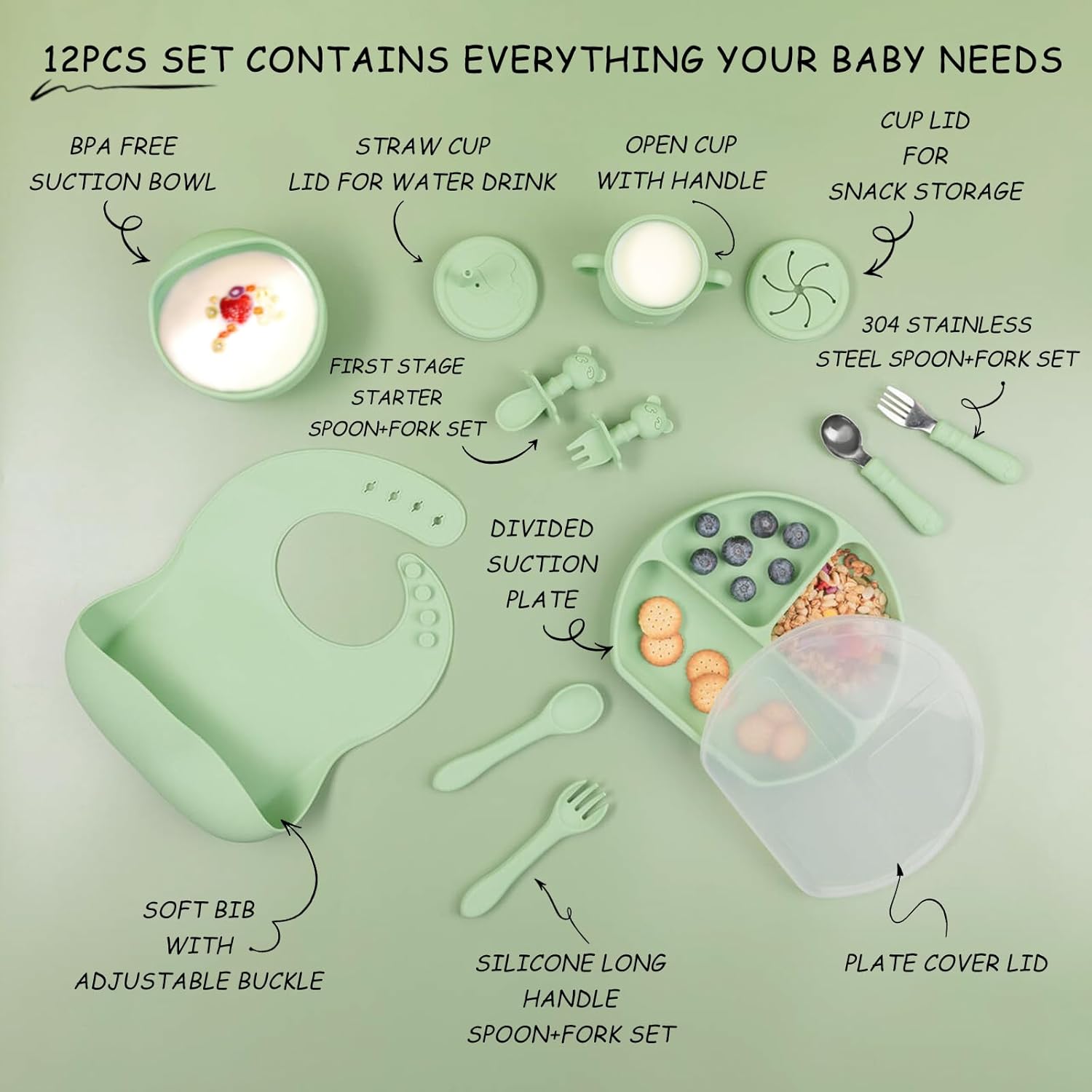 Juego de alimentación de silicona para bebés, suministros de destete para bebés, placa de succión para bebés con tapa y cuenco, cucharas de