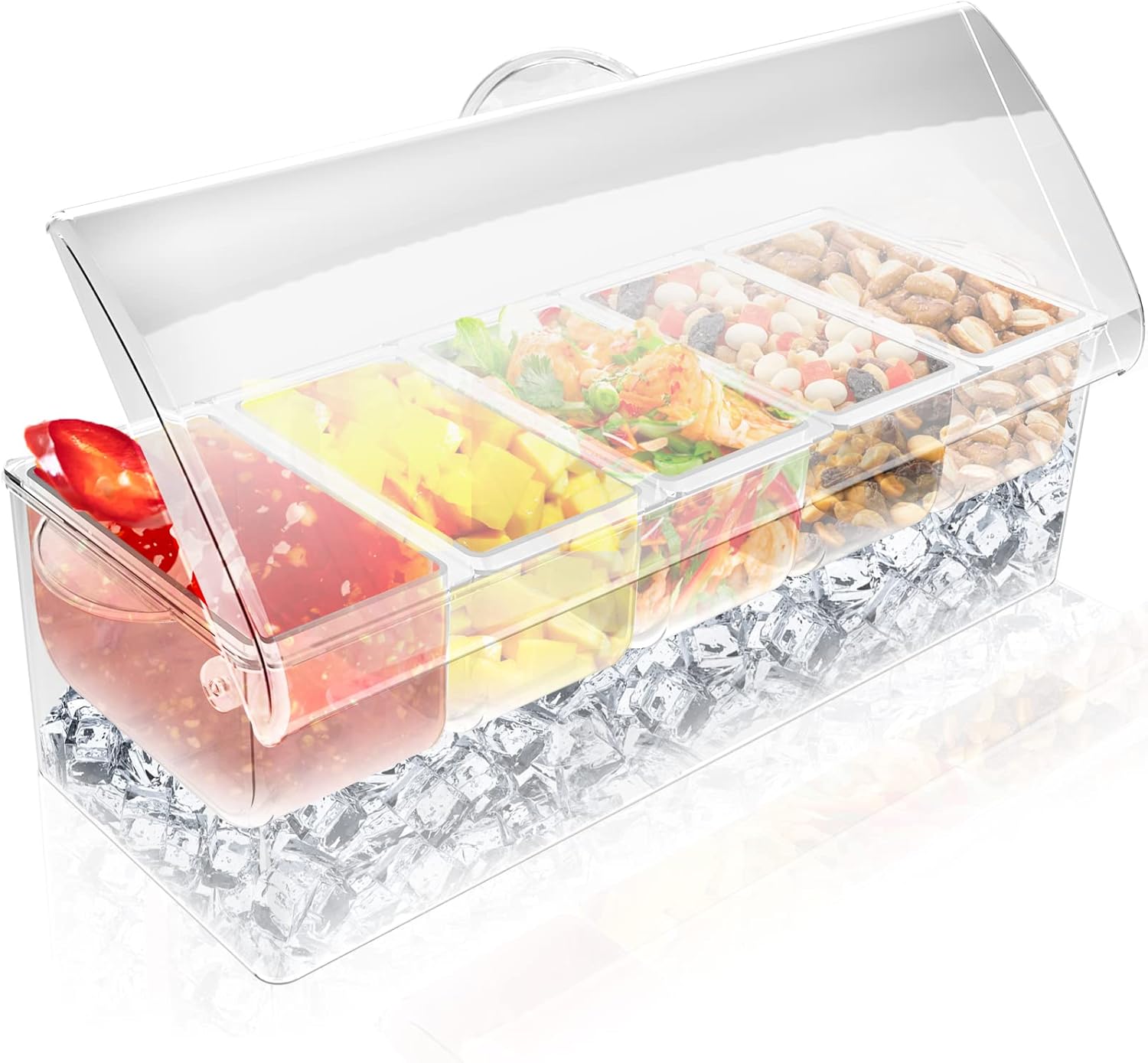 5 Compartment Condiment Server, Ice Chilled Condiment Containers with Lid, Clear Condiment Caddy Serving Tray on Ice with 5 Serving Spoons 5 Fruit