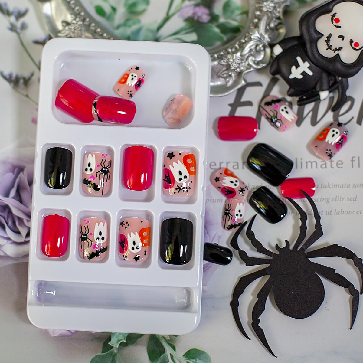 Uñas postizas de Halloween, uñas cortas cuadradas a presión, uñas postizas rosa y negro con diseños de telaraña fantasma, uñas con pegamento, puntas