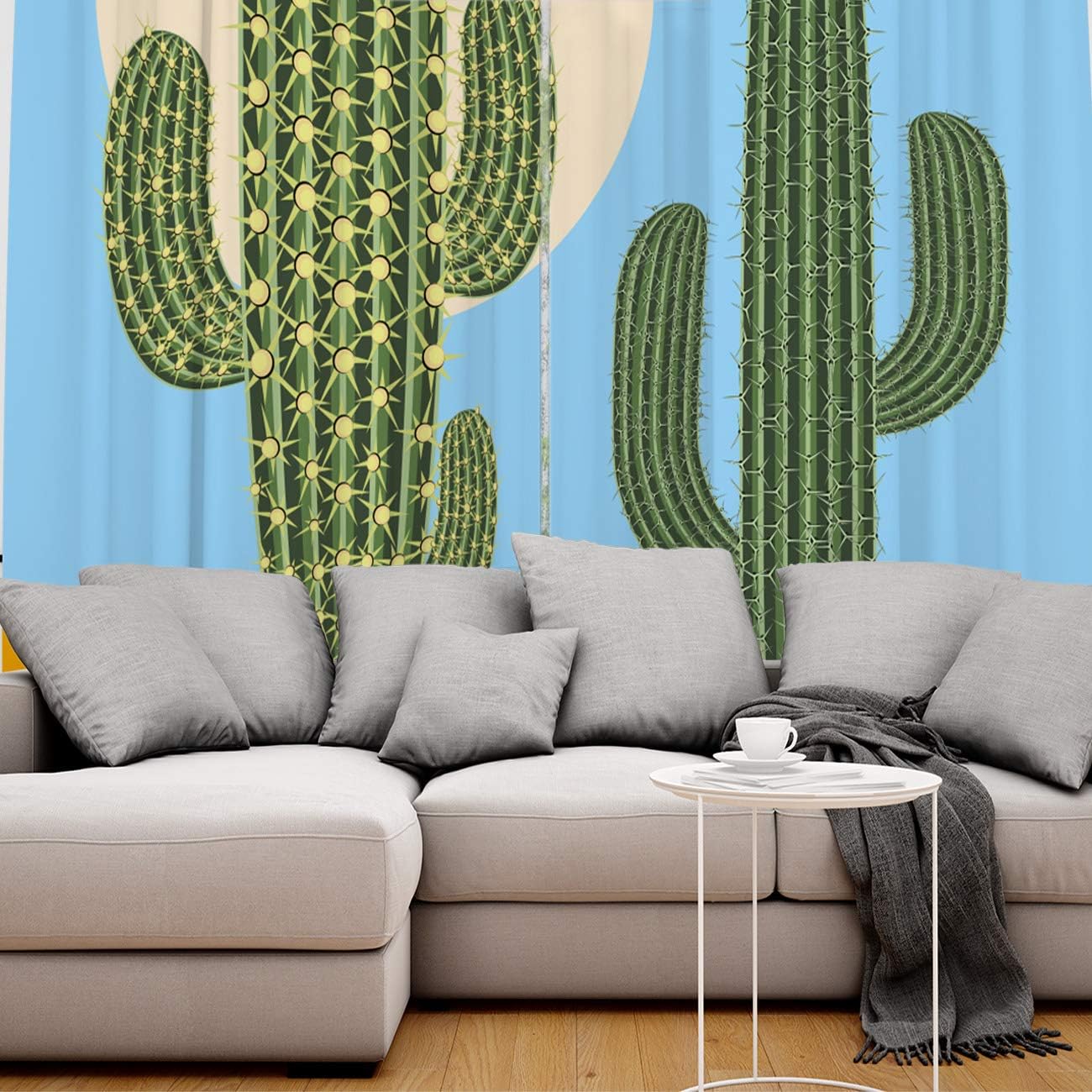 FortuneHouse Blackout Curtains Thermal Insulated Illustration of Desert Cactus Solid Pattern Metal Grommet Elegant Room Drapes Window Curtain for