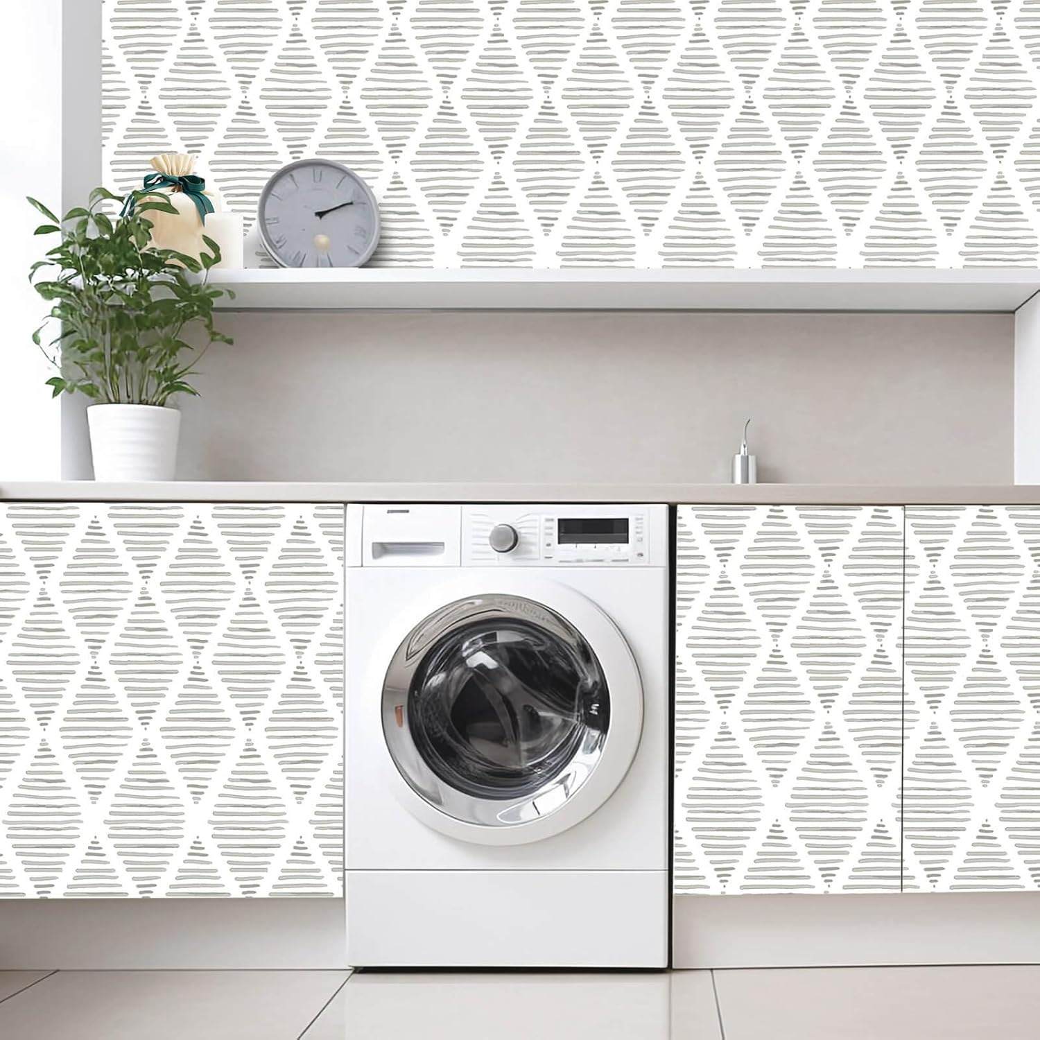 Papel tapiz blanco y gris plateado de 17.7 x 300 pulgadas, papel de contacto moderno a rayas, papel de pared de rombos, papel de vinilo para