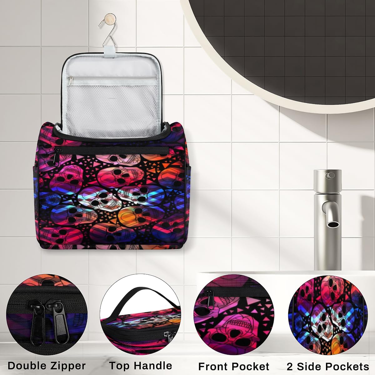 Skull Art Design Toiletry Bag for Women Travel Makeup Organizer with Hanging Hook Traveling Cosmetic Bags for Toiletries Accessories
