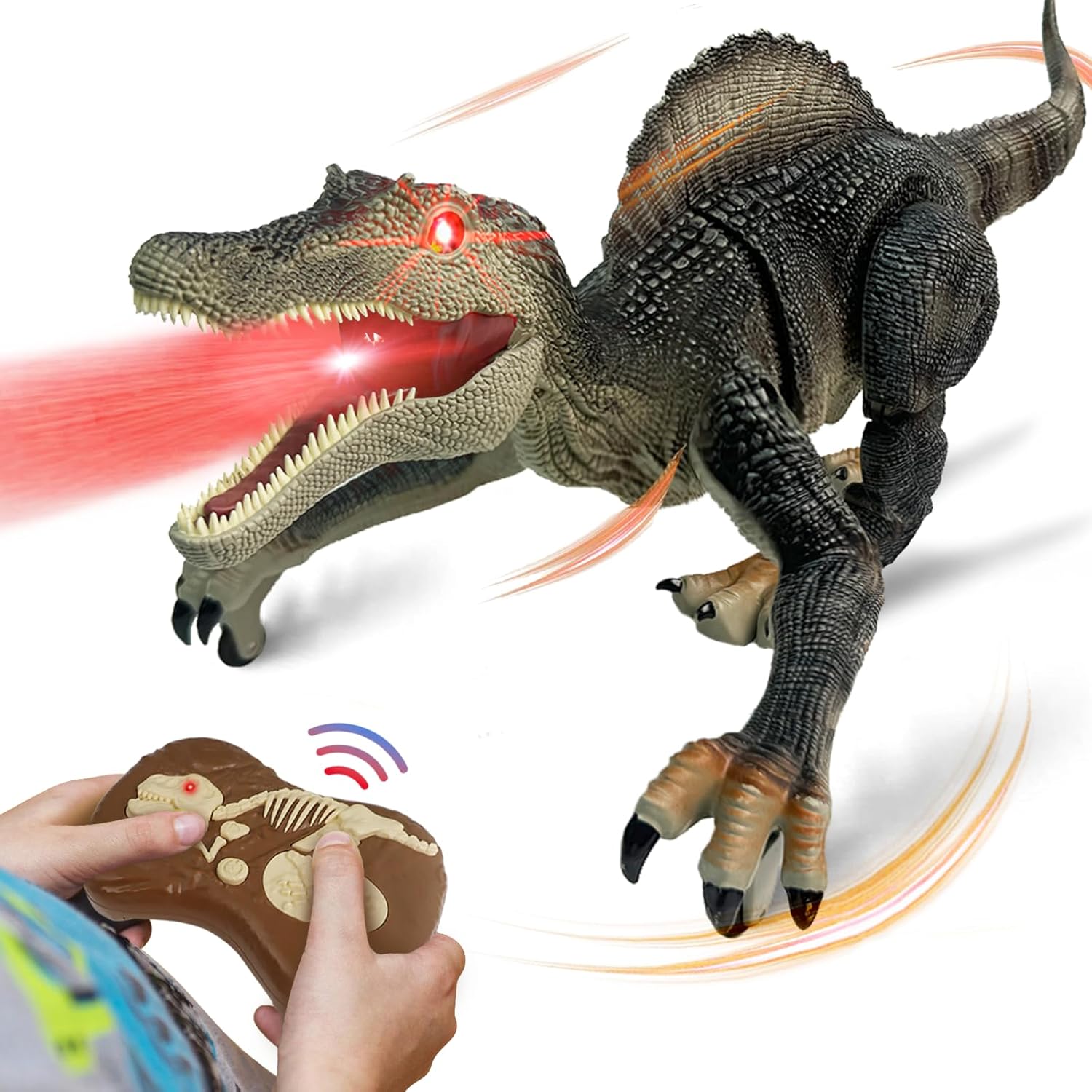 Juguete de dinosaurio a control remoto – Realista para caminar, rugir y rociar espinosaurio y T-Rex – Robot dinosaurio iluminado y sacudido de