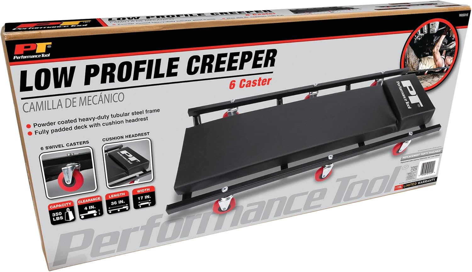 Performance Tool W85015 – Enredadera automotriz de perfil bajo con 6 ruedas giratorias de 36 x 17 pulgadas con reposacabezas acolchado, color negro