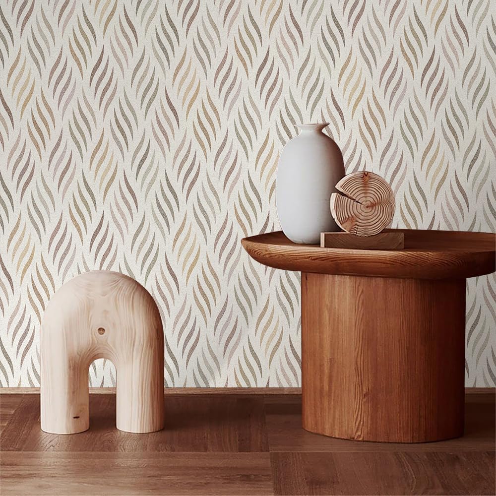 MuralPeel Papel tapiz geométrico bohemio con hojas onduladas para despegar y pegar, moderno, fácil de despegar, papel de contacto vintage,