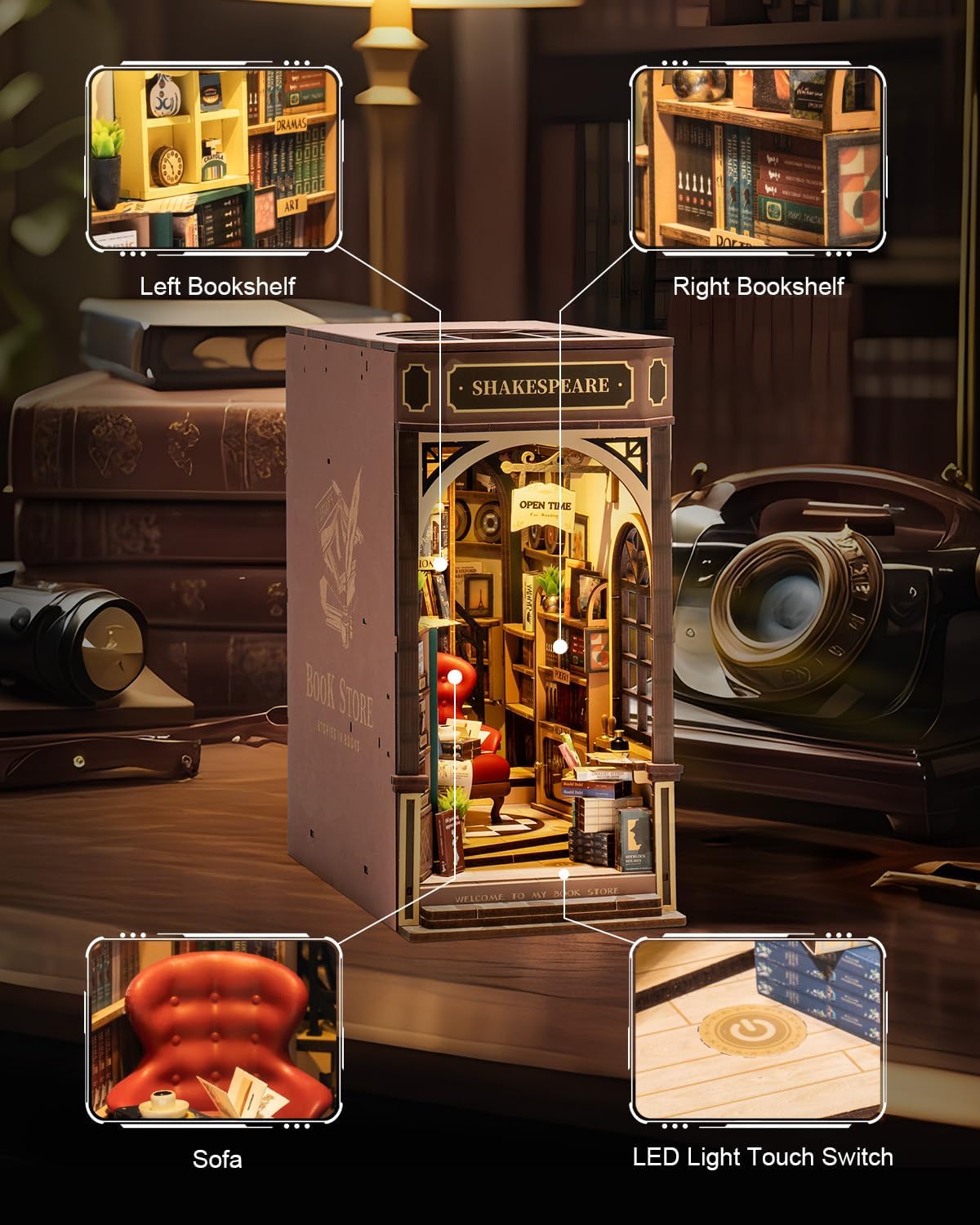 Rowood Book Nook – Kit de rincón de libros para adultos, rompecabezas de madera 3D en miniatura, callejón de decoración de estantería, pasatiempos