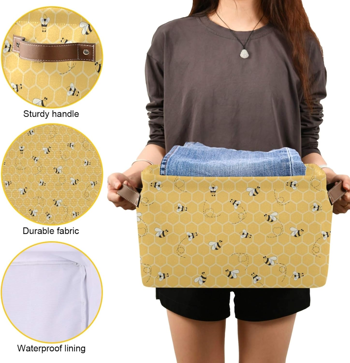 Linda cesta de almacenamiento cuadrada de abeja de animales, cesta organizadora comprimible de tela con asa para dormitorio, guardería, oficina, 1