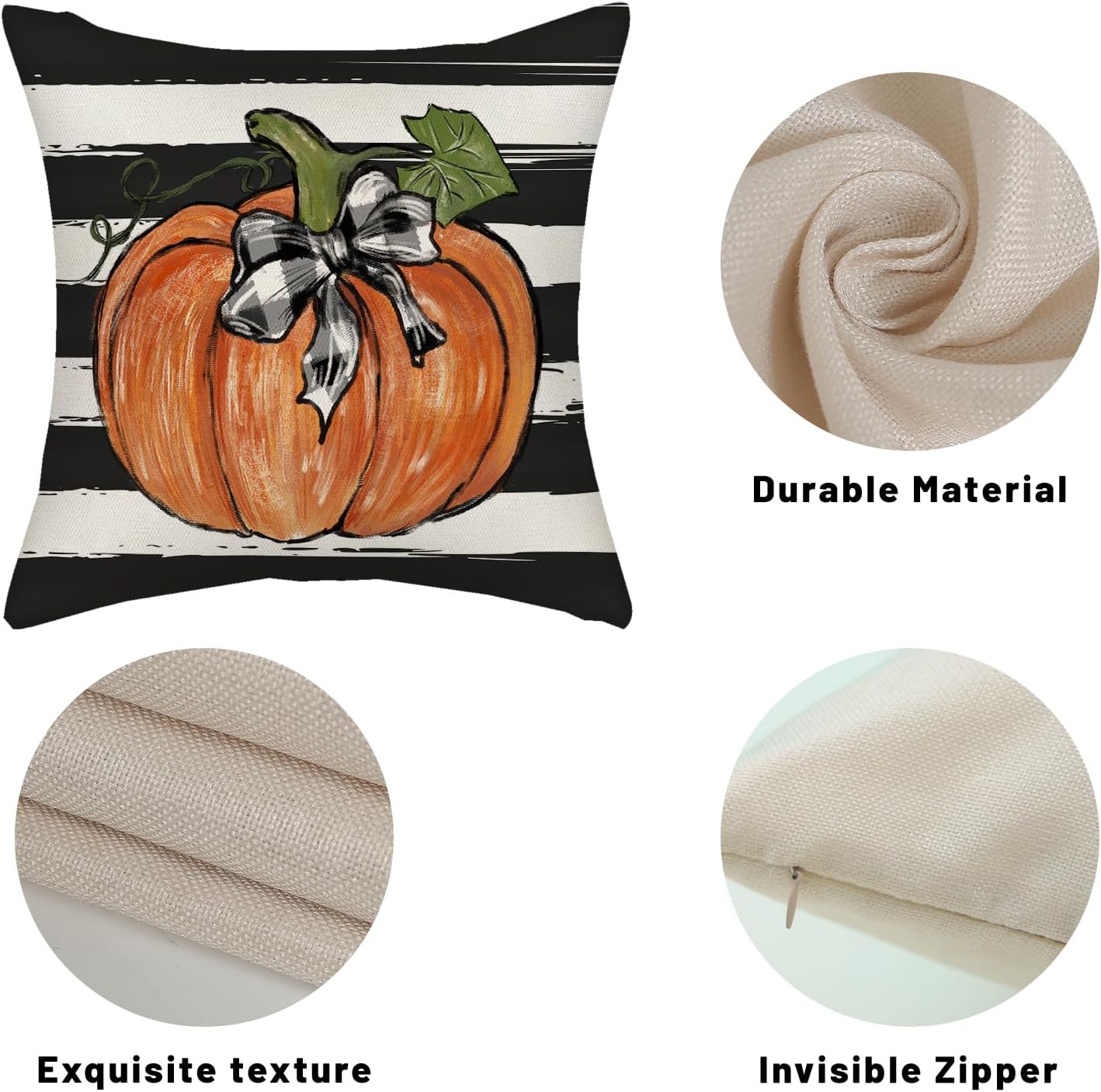 Juego de 2 fundas de almohada de otoño de 16 x 16 pulgadas, diseño de rayas de acuarela negra, decoración de calabaza, para sofá, cosecha de otoño,