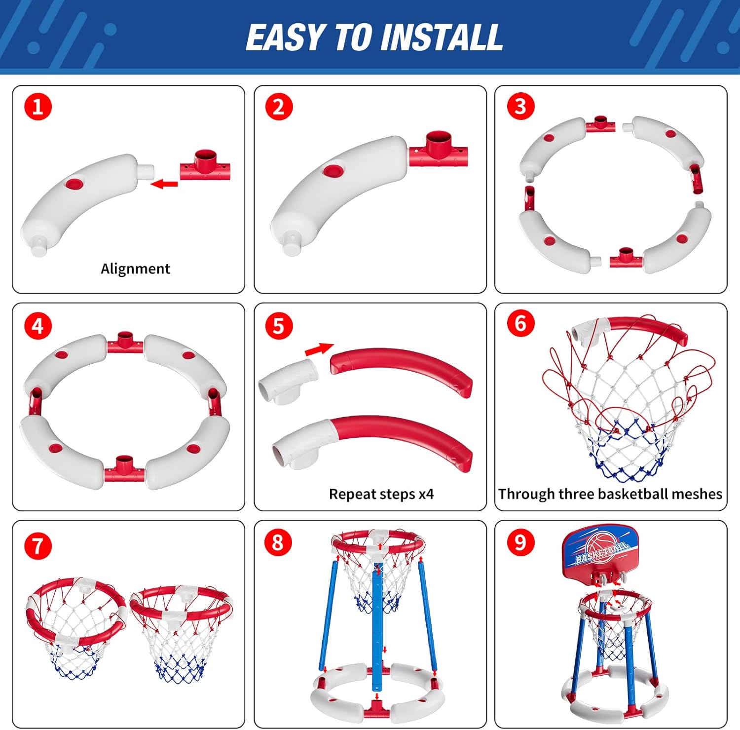 HYES Aro de baloncesto para piscina junto a la piscina con tablero, juguetes flotantes para piscina con 4 pelotas de baloncesto4 globos de