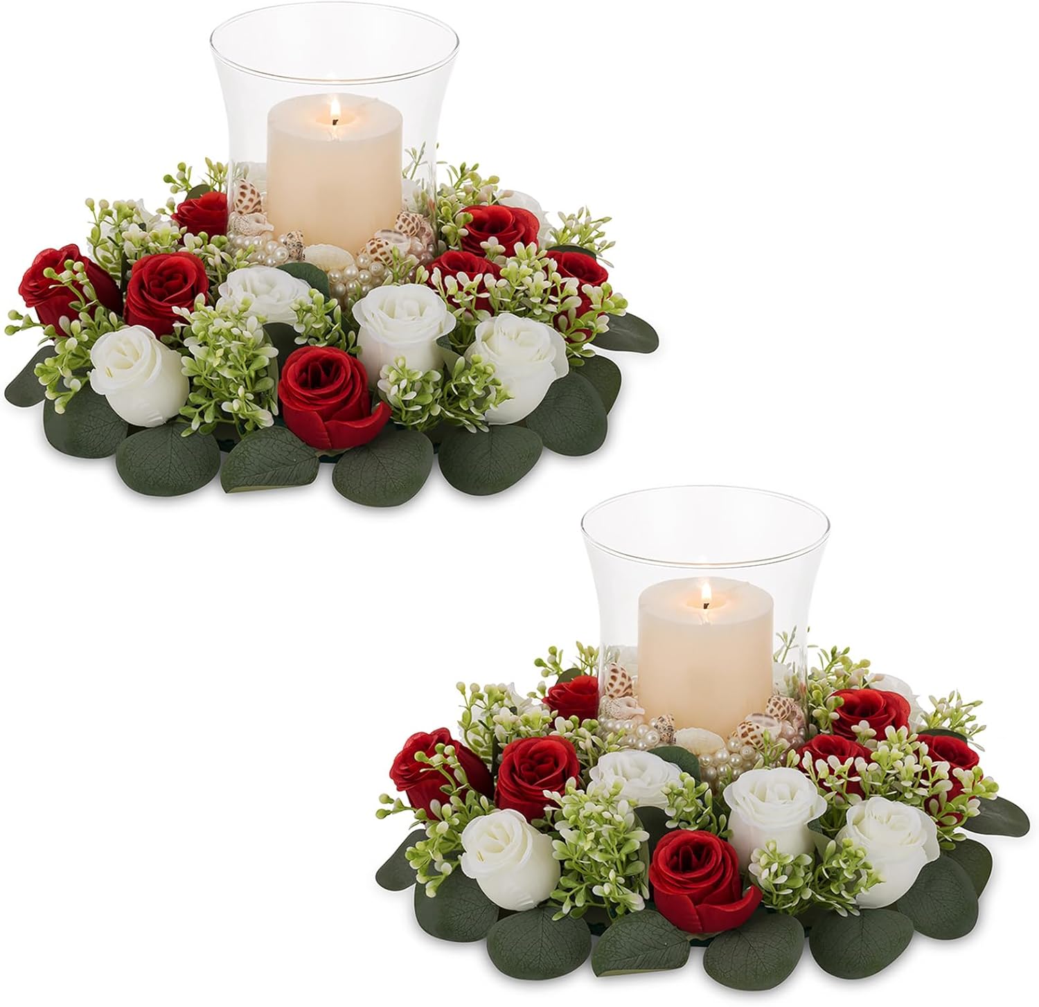 NUPTIO Centro de mesa de coronas de flores artificiales 2 candelabros de cristal para velas flotantes de pilar con rosas falsas blancas y carmesí de