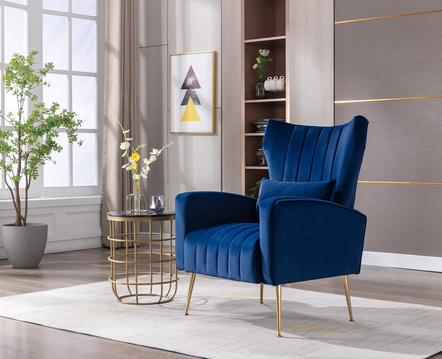Kmax – Silla decorativa de terciopelo con brazos de mediados de siglo con patas doradas, silla con respaldo alado con almohada para dormitorio, sala