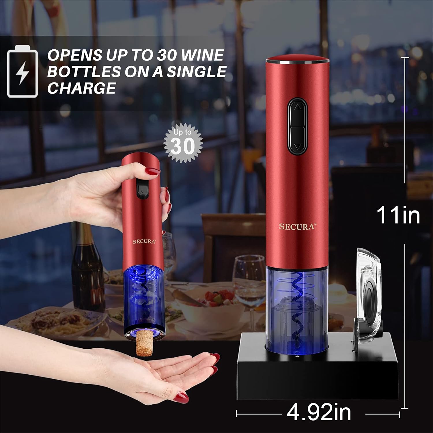 Secura Abridor de vino eléctrico, sacacorchos eléctrico automático de botellas de vino con cortador de papel de aluminio, recargable (rojo)
