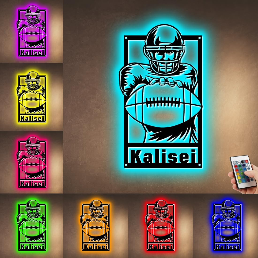 Letrero de metal personalizado para jugador de fútbol con luz LED, nombre y número personalizado, arte de pared de fútbol, letrero de neón con