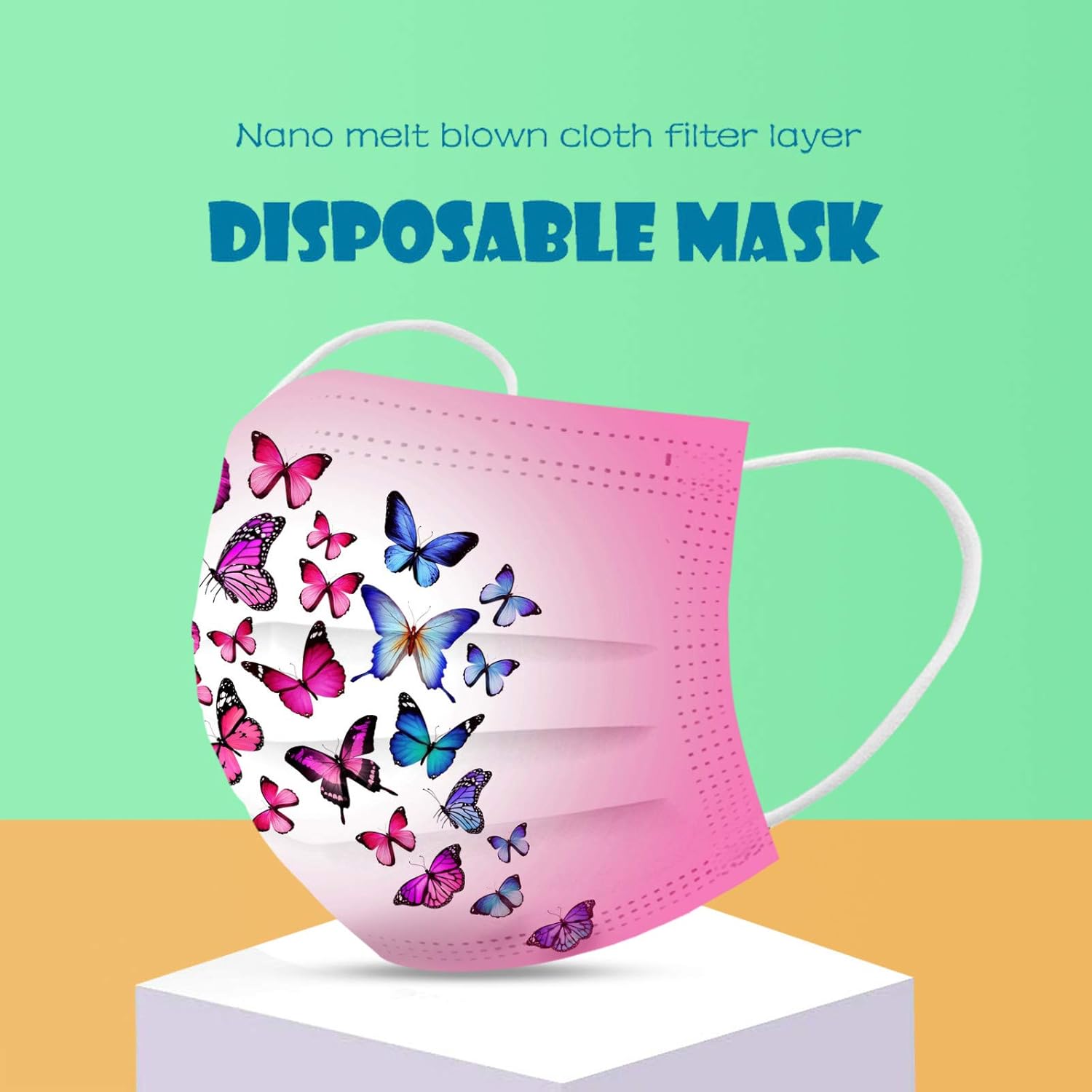 BOFFO 50 bandanas faciales con patrón de mariposa con filtro facial de 3 capas con cinta elástica para las orejas, transpirables con patrón de