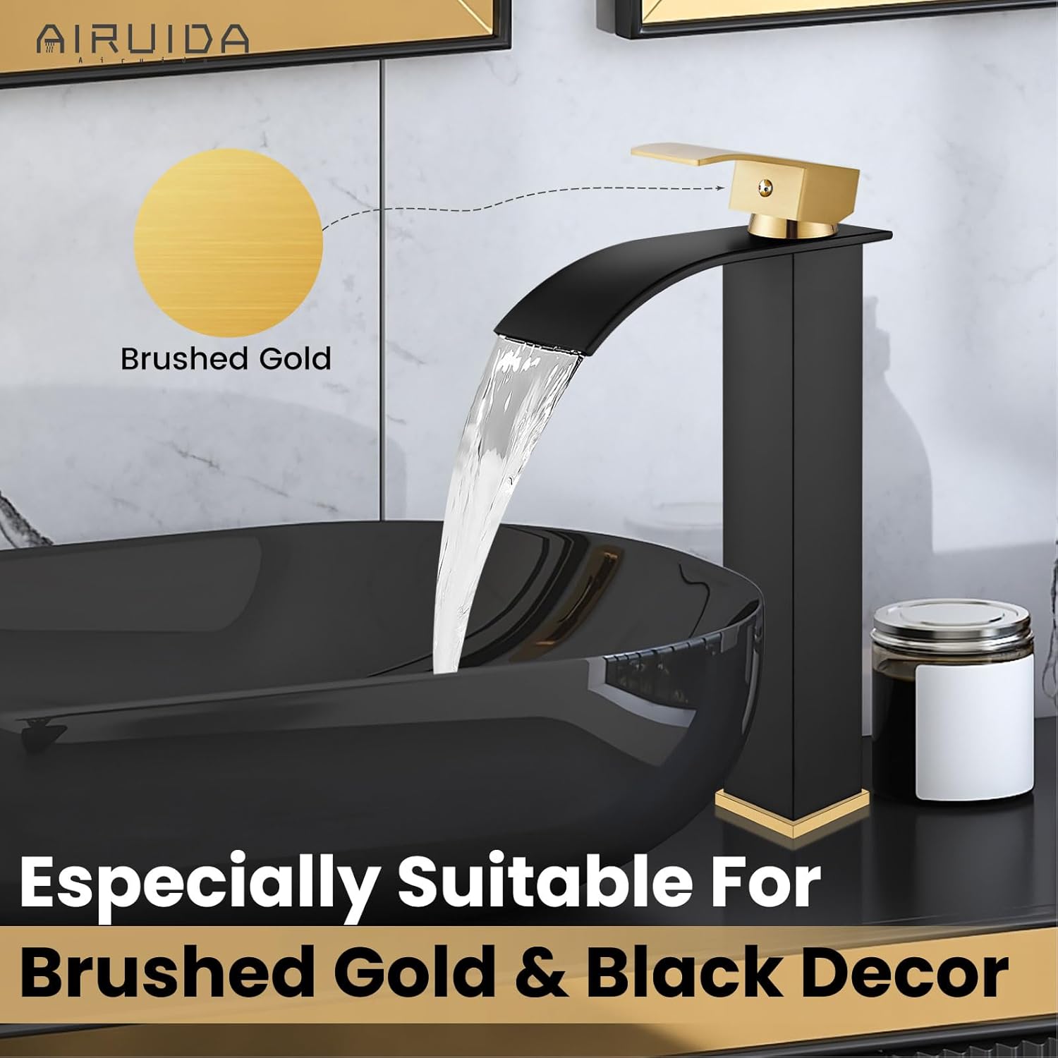 Airuida Grifo de lavabo alto para baño, color negro mate y oro cepillado, moderno solo agujero de una sola manija, estilo granja, lavabo montado en