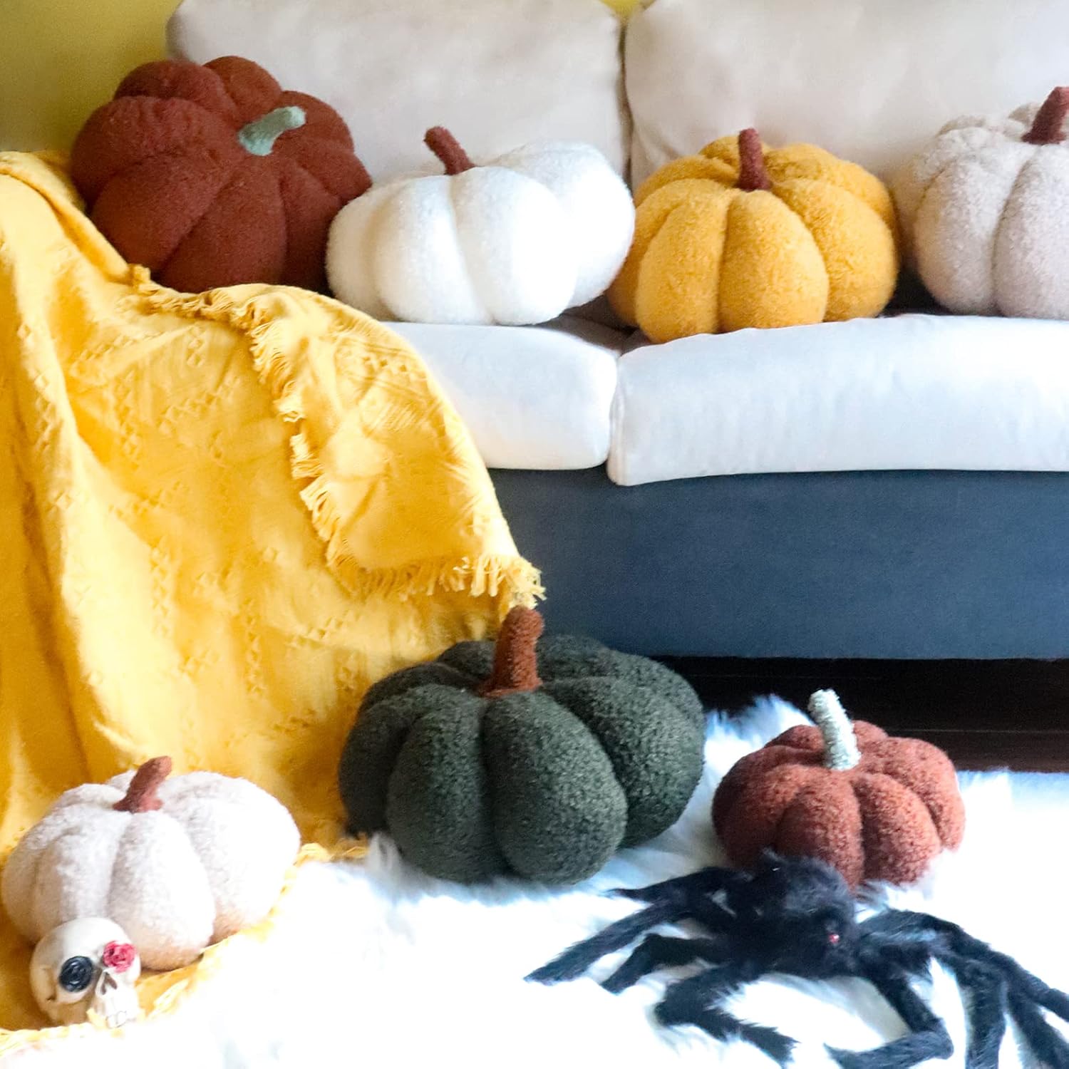 Almohadas de calabaza, almohadas amarillas en forma de calabaza para decoración de habitación, forro polar de peluche de 4 x 7 pulgadas, almohada de