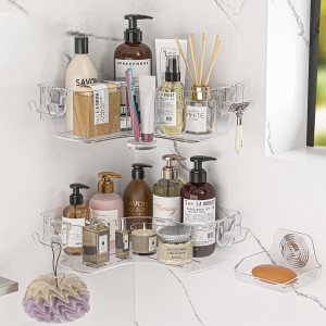 Organizador de ducha de esquina de acrílico para pared de ducha, paquete de 4 estantes organizadores de ducha transparentes con gancho para jabonera Organizador de ducha de esquina de acrílico para pared de ducha, paquete de 4 estantes organizadores de ducha transparentes con gancho para jabonera