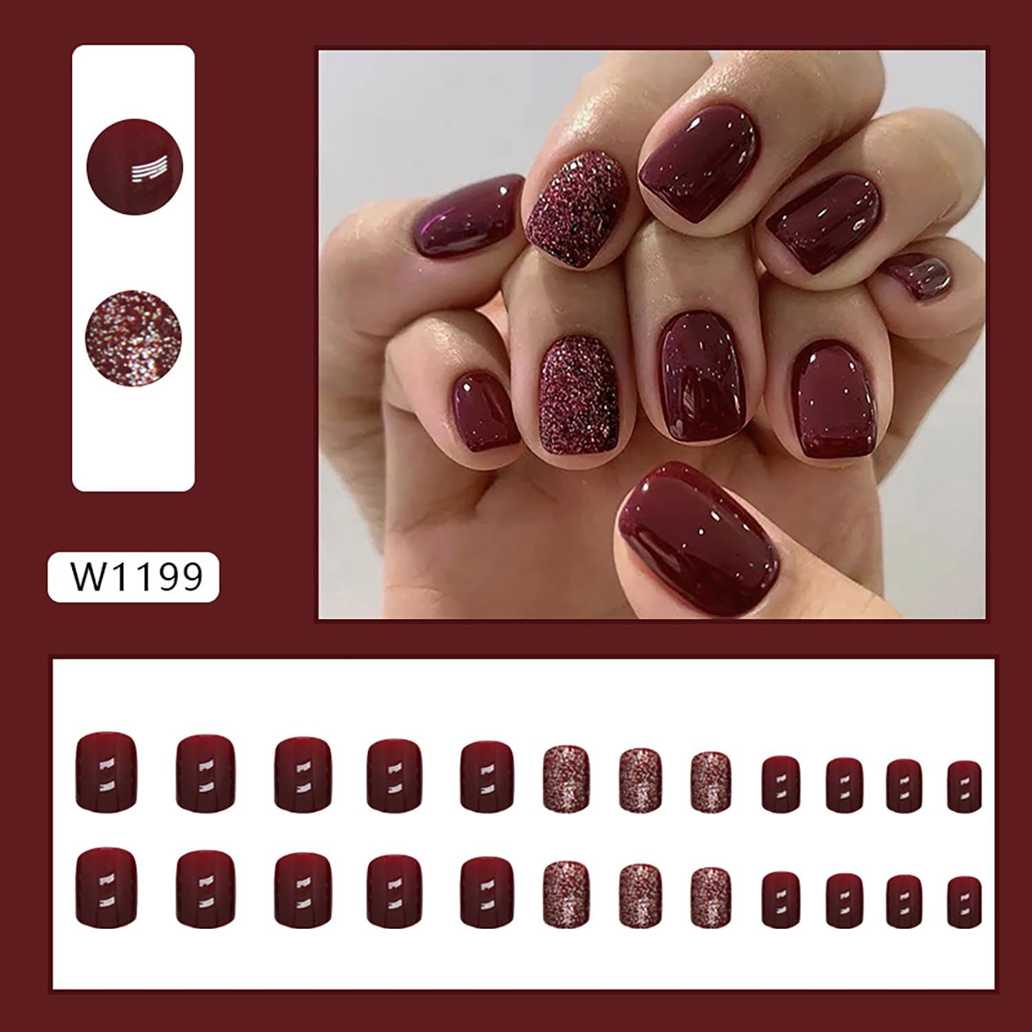 24 uñas postizas cuadradas cortas a presión, color rojo vino, uñas postizas con diseños, uñas acrílicas con purpurina, uñas con pegamento brillante