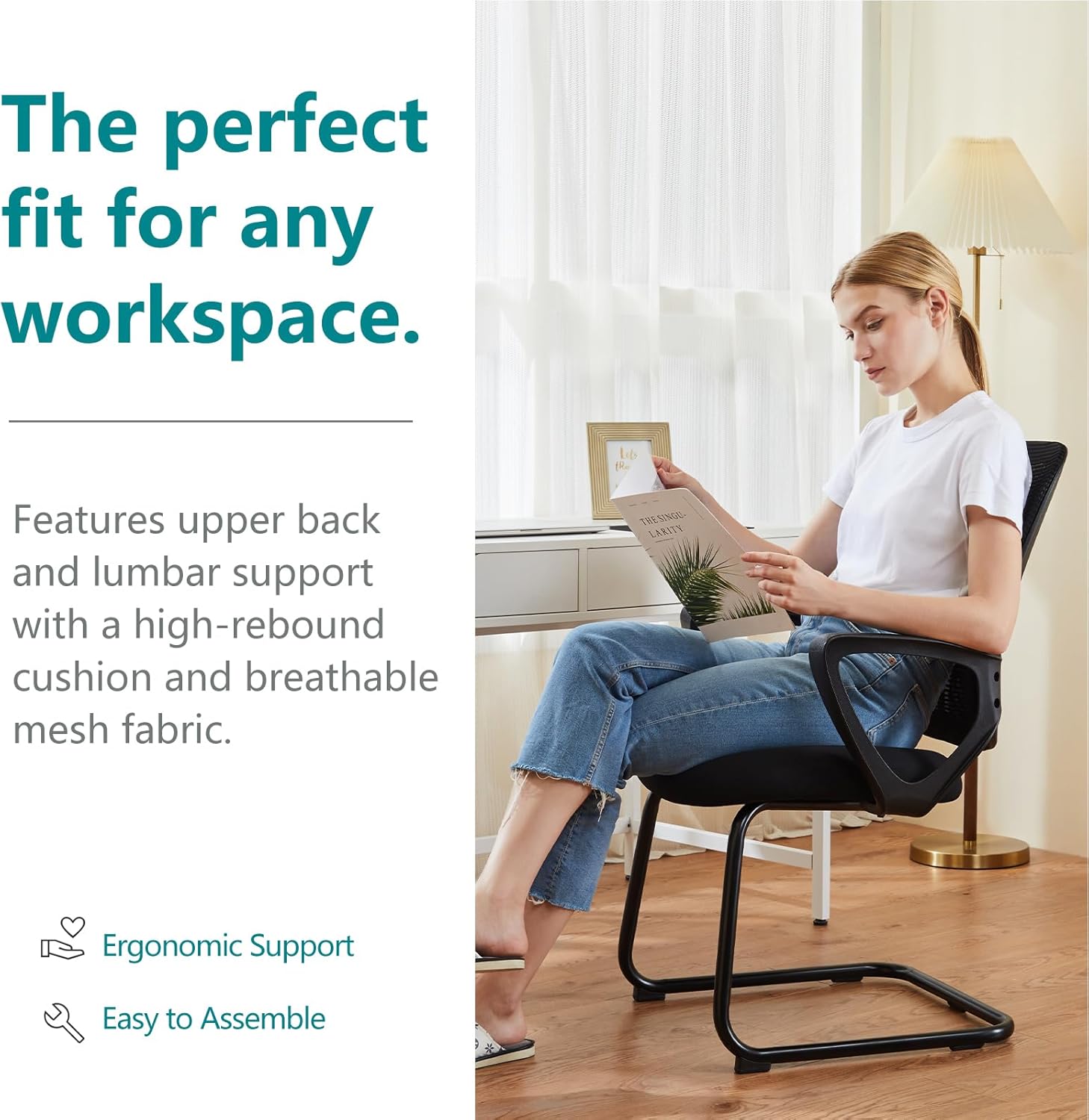 SMUG Juego de 2 sillas de escritorio sin ruedas, silla de computadora de respaldo medio, silla de oficina ergonómica de malla con asiento más