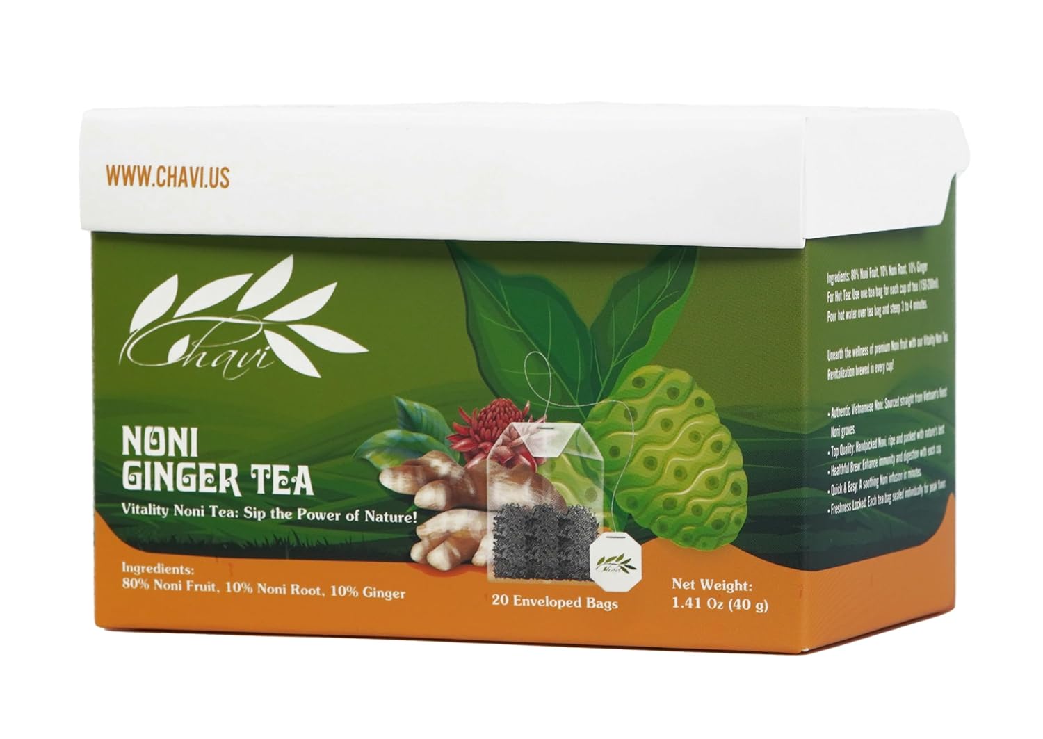 CHAVI Non Tiea (Noni Ginger, paquete de 1)  20 bolsas de té por caja  Bebida Noni Dieters  Extra fuerte  Calidad premium