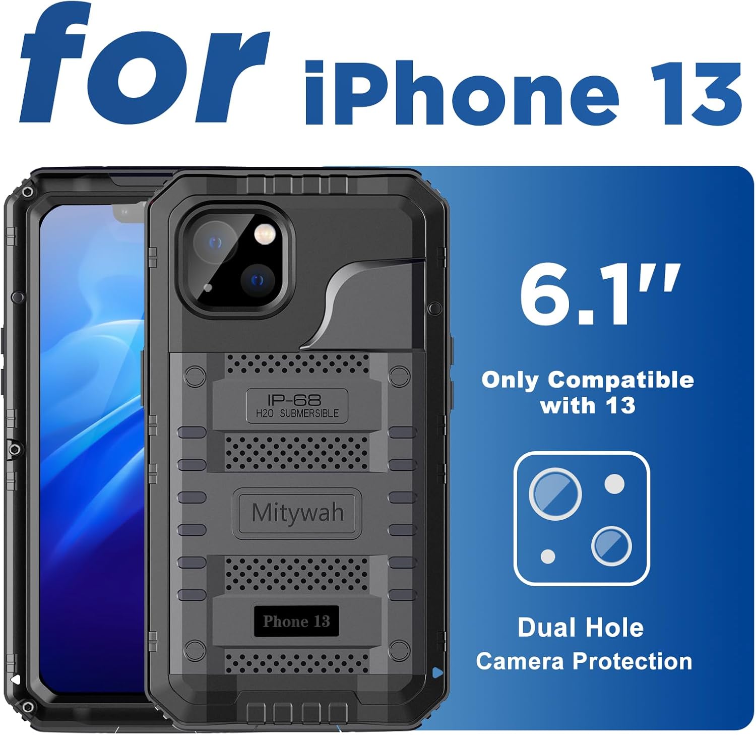 Mitywah Funda impermeable para iPhone 13, funda de metal resistente de grado militar, funda protectora de pantalla integrada a prueba de golpes,