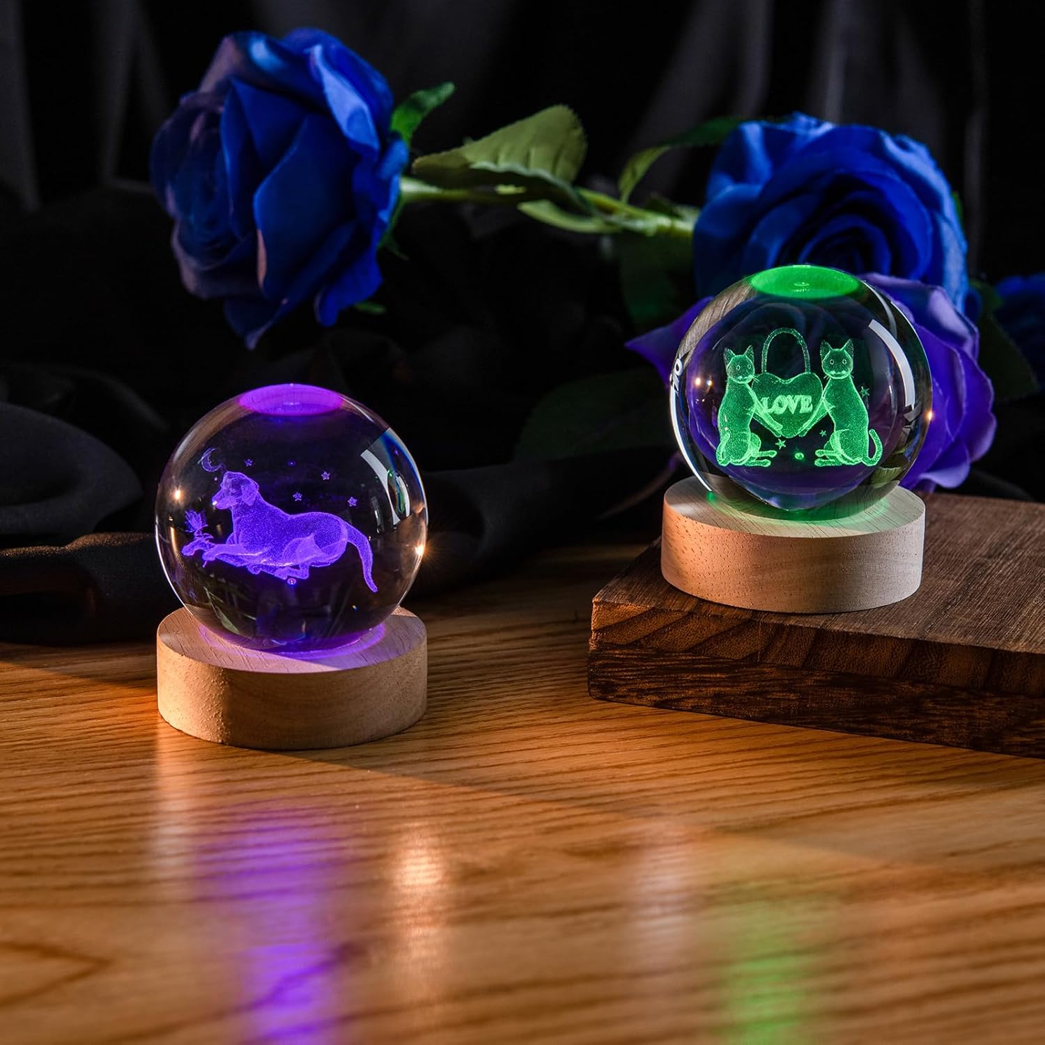 Luz nocturna de bola de cristal para habitación de los niños, bolas decorativas grabadas con láser de gato 3D con base de luz LED, luces nocturnas