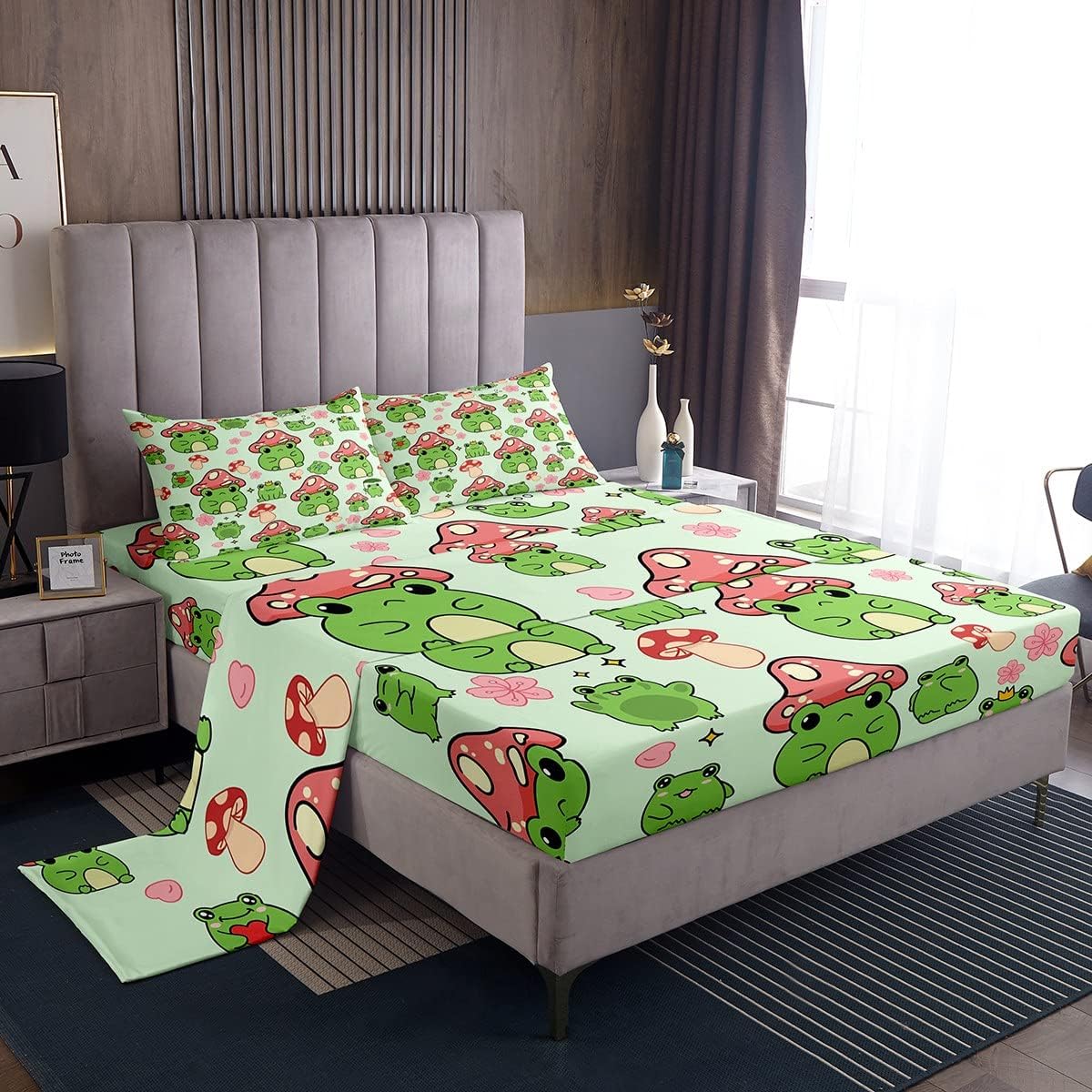 Juego de sábanas de rana con forma de hongo, tamaño individual, juego de ropa de cama de 3 piezas para niños y niñas, decoración de dormitorio de
