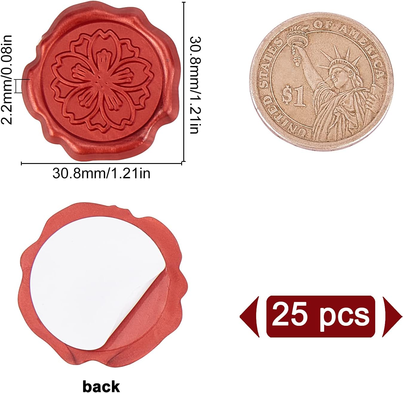 CRASPIRE Calcomanías adhesivas de cera, diseño de flores de cerezo, 25 unidades, sellos de cera autoadhesivos, calcomanías decorativas para sobres,
