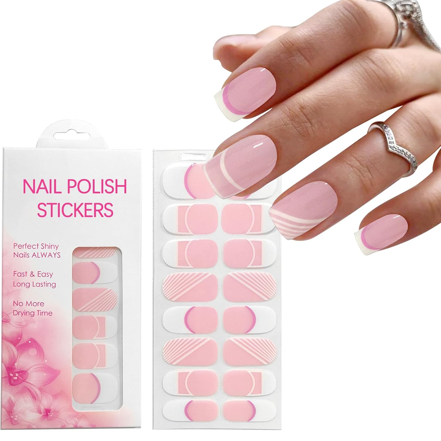 YOSOMK Calcomanías de uñas de gel para mujer, tiras de uñas francesas rosa y blanco, sin rayos UV, 16 envolturas de uñas con patrón de línea blanca,