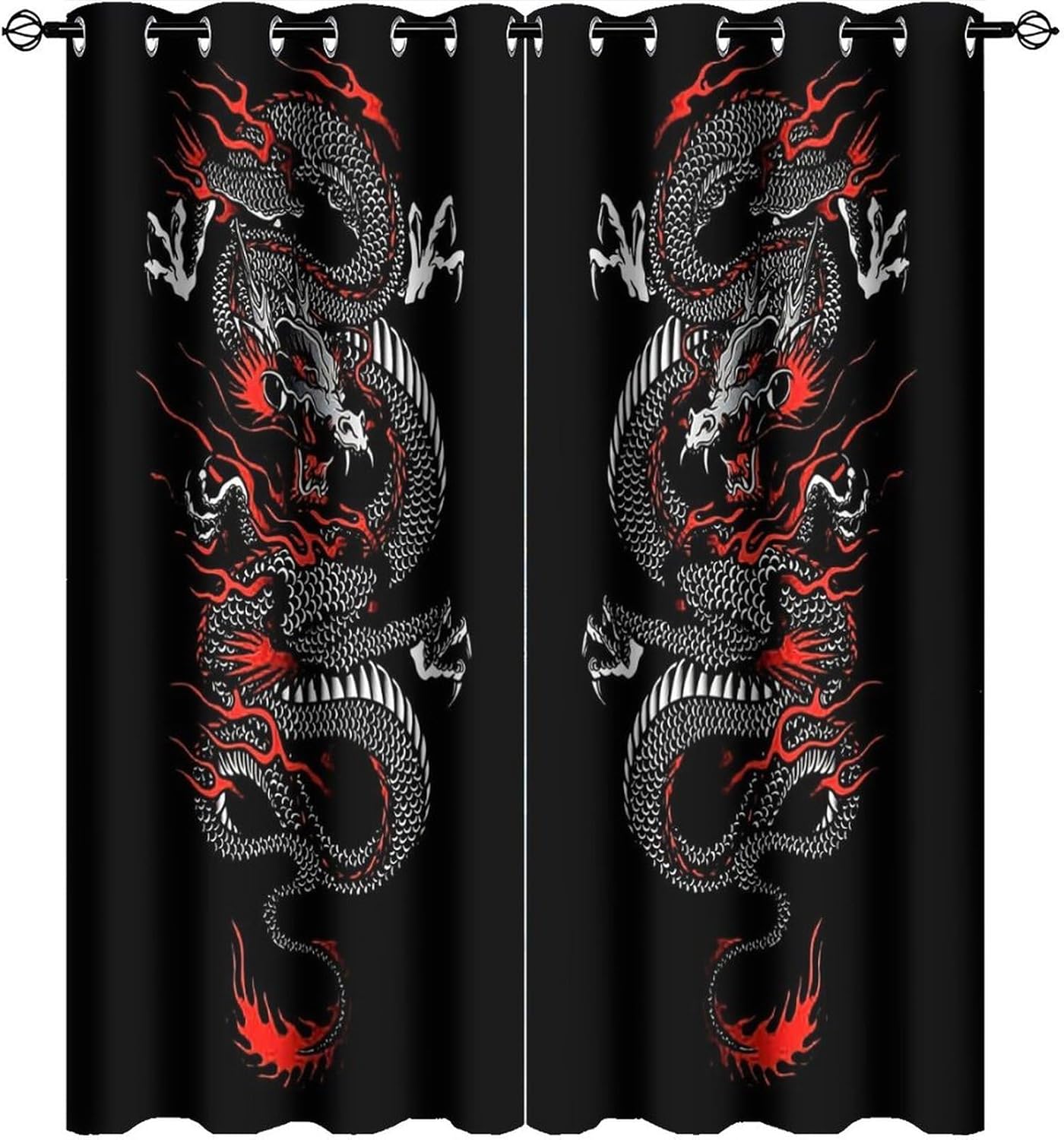 fucyBu Cortinas opacas para oscurecer la habitación con ojales, diseño de dragón chino, fantasía, retro, negro, rojo, dragón japonés, eficiencia