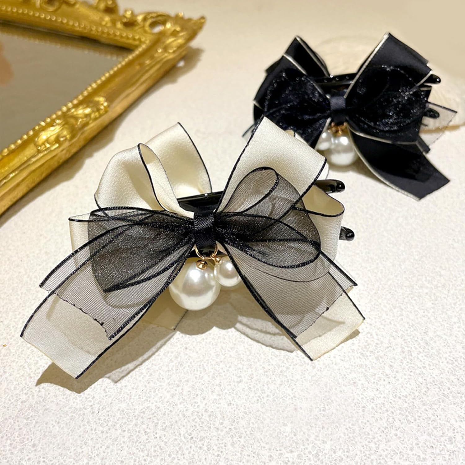 2 pinzas para el cabello con lazo de encaje, color blanco y negro, cinta para el cabello, pinzas para cola de caballo para mujeres y niñas, moda