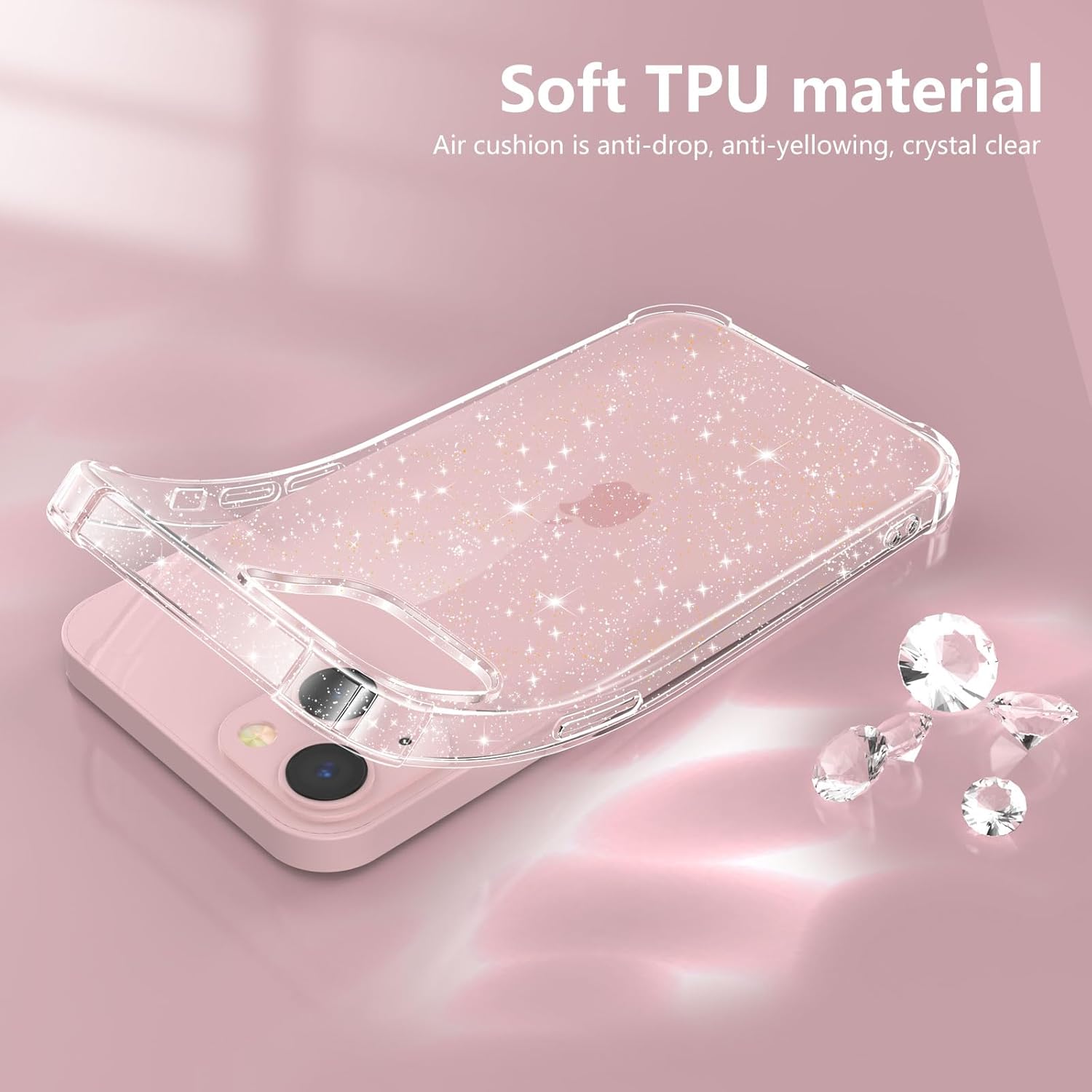 KSWOUS Funda para iPhone 15 con purpurina con 2 protectores de pantalla + 2 protectores de lente de cámara, funda transparente brillante para