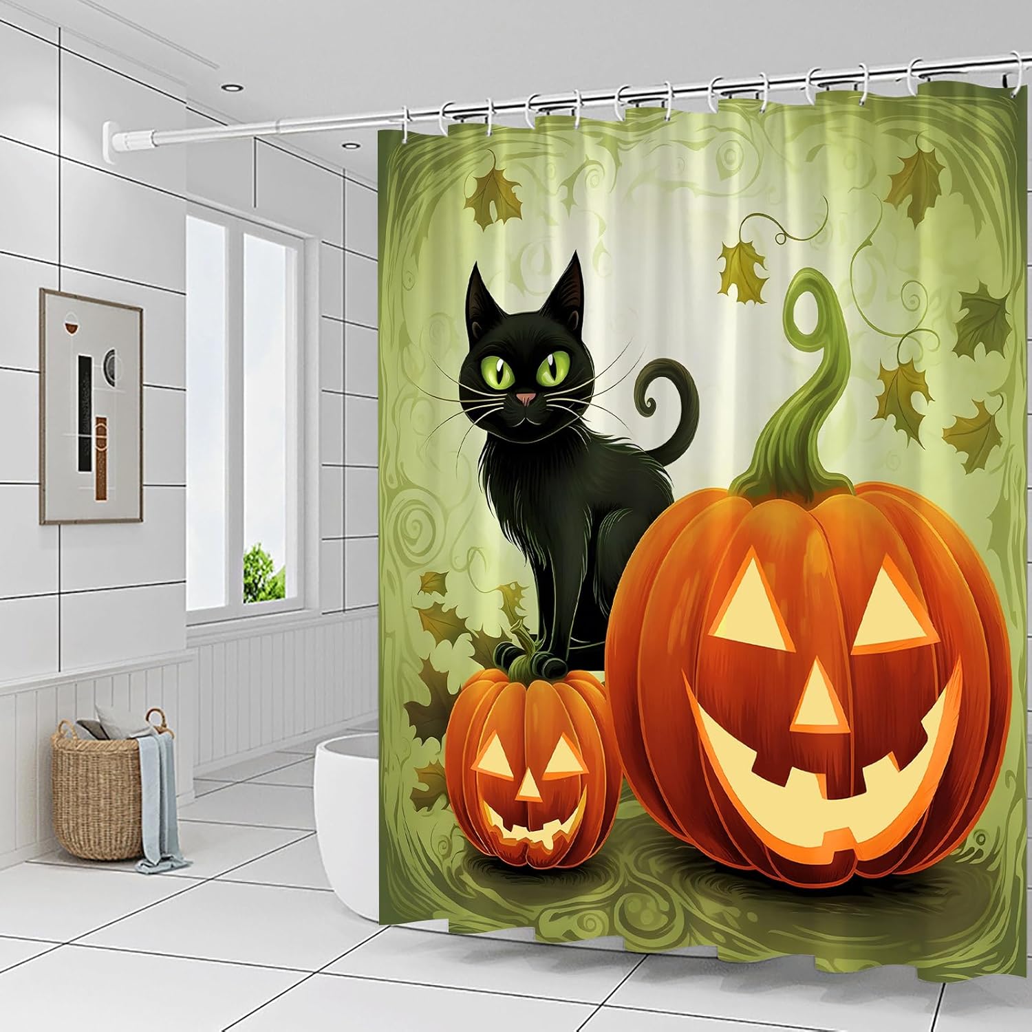 Cortinas de ducha de Halloween, diseño divertido de calabaza de dibujos animados naranja y gato negro, decoración de baño para niños, juego de