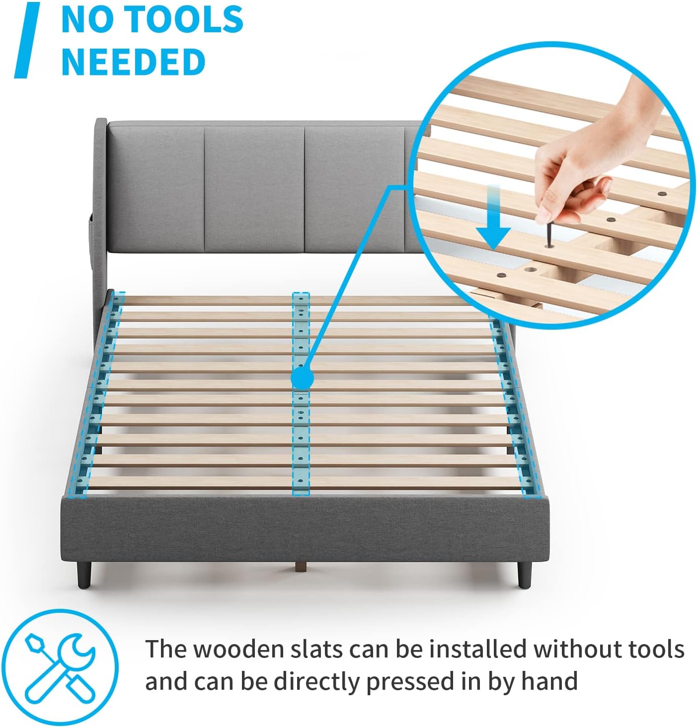 Mjkone Base de cama con cabecera de ala, marco de cama Queen y bolsillos laterales de almacenamiento, base de colchón resistente con listones de