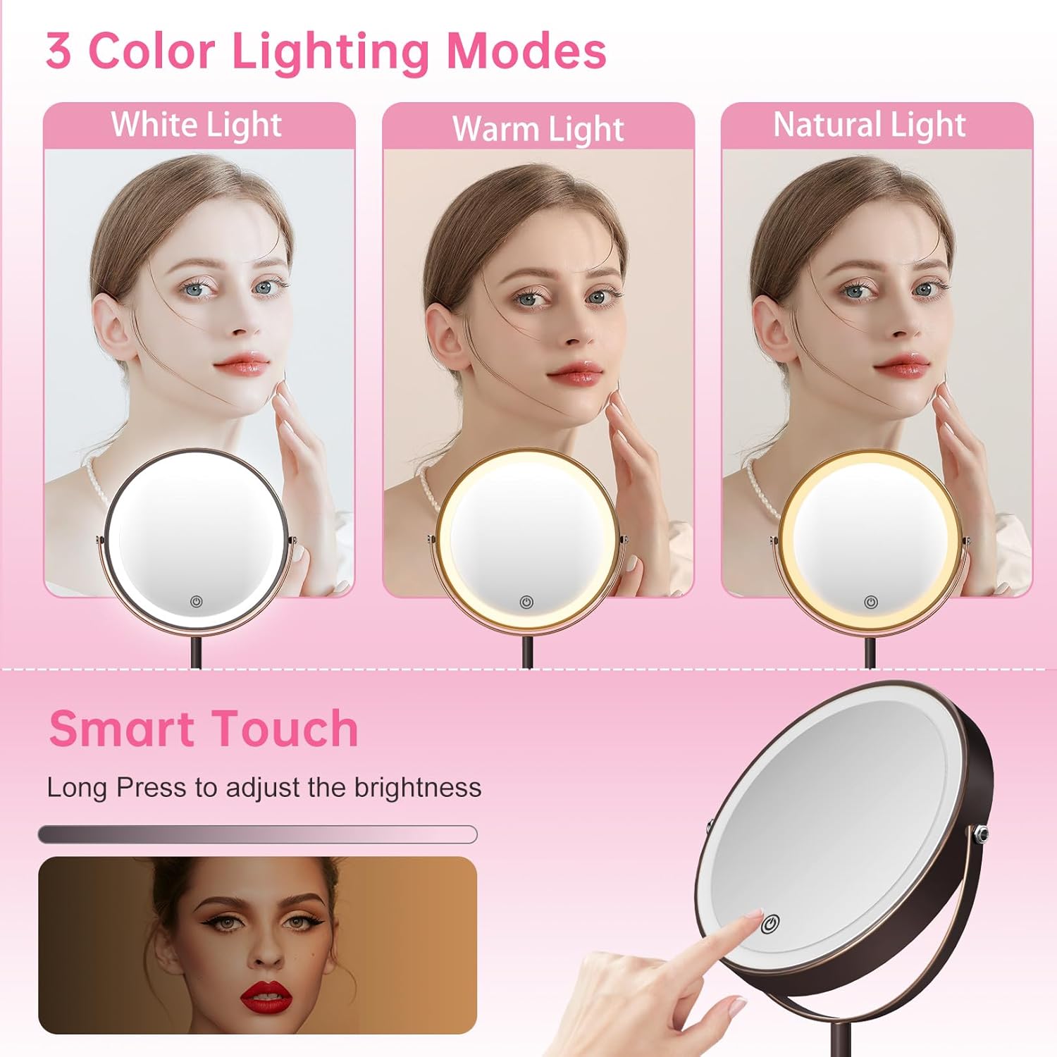 LOVESPEJO Espejo de maquillaje, espejo de aumento recargable de 8 pulgadas con luz, 1x10x rotación de 360, espejo de maquillaje iluminado, espejo de