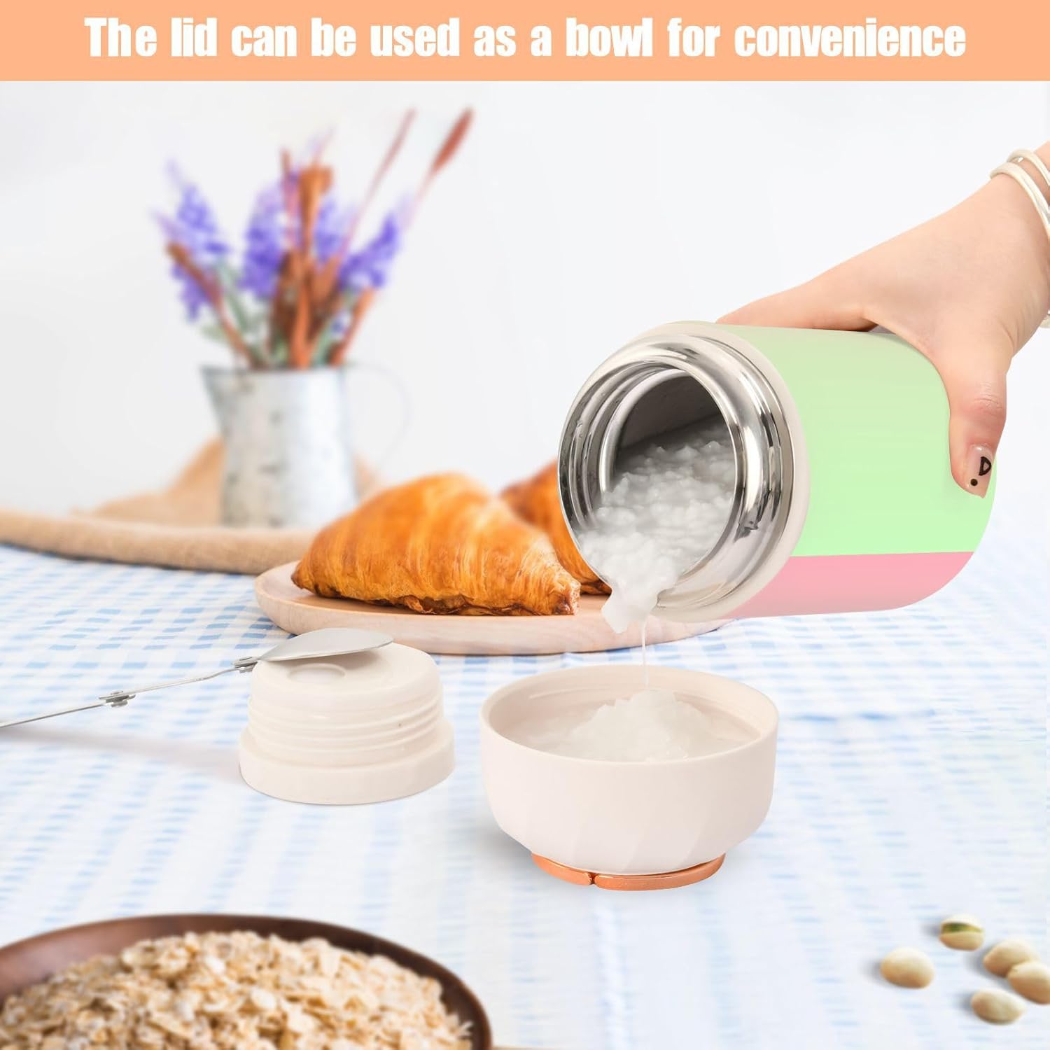 Tarro de comida degradado verde y rosa con cuchara de acero inoxidable aislado al vacío contenedor de alimentos de 17 oz frasco de alimentos para