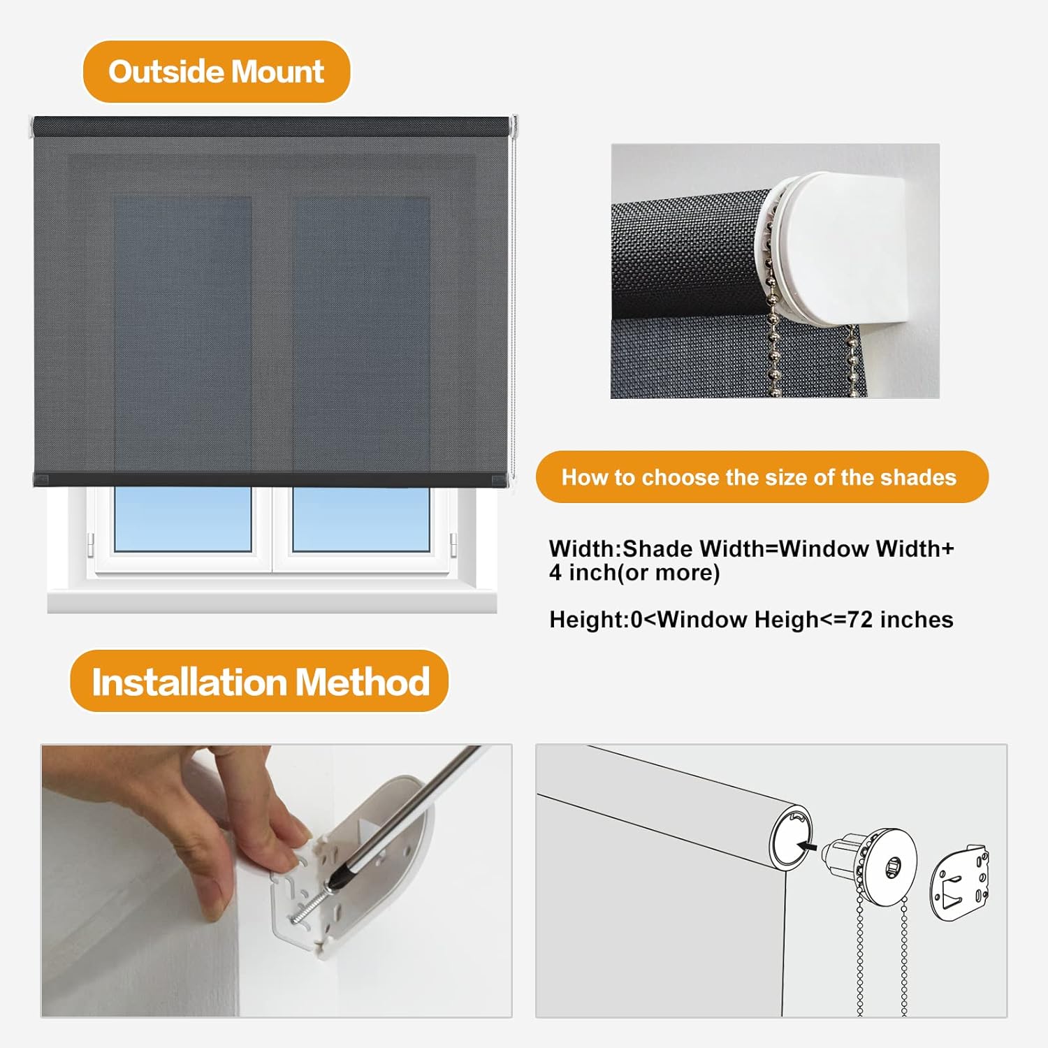 Persilux Persianas solares para ventanas con protección UV (36 pulgadas de ancho x 72 pulgadas de alto, negro) persianas enrollables