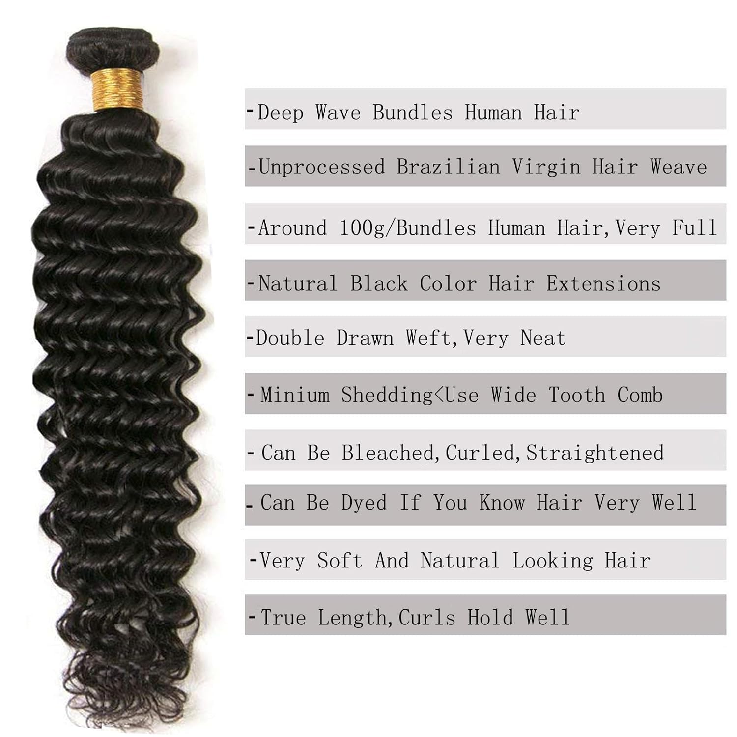 1 paquetes de cabello humano virgen brasileño ondulado profundo de 18 pulgadas, sin procesar, extensiones de cabello rizado (18 pulgadas, onda