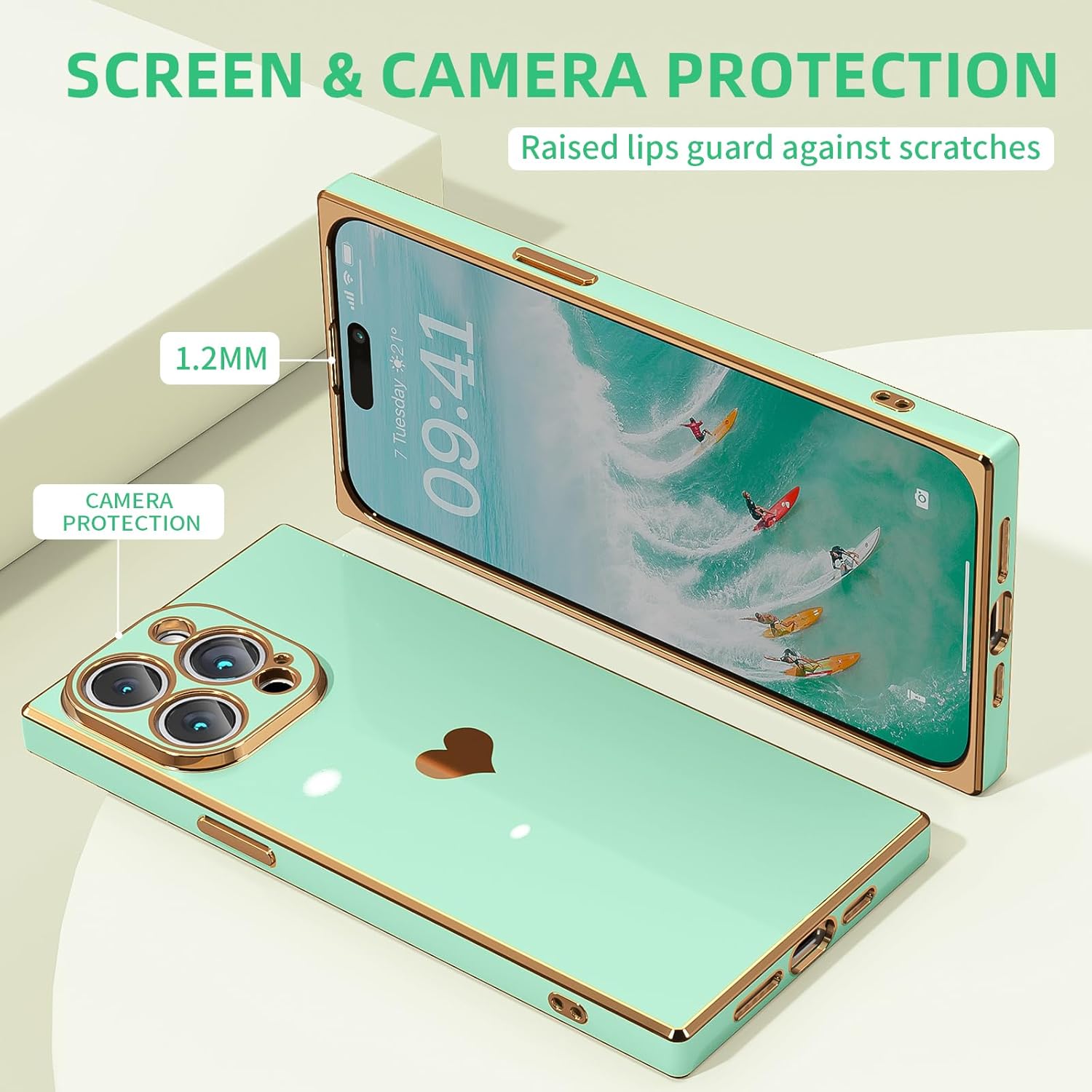 Tzomsze Compatible con iPhone 13 Pro Max, funda cuadrada de lujo con borde chapado de lujo, protección completa de la lente y esquinas reforzadas a