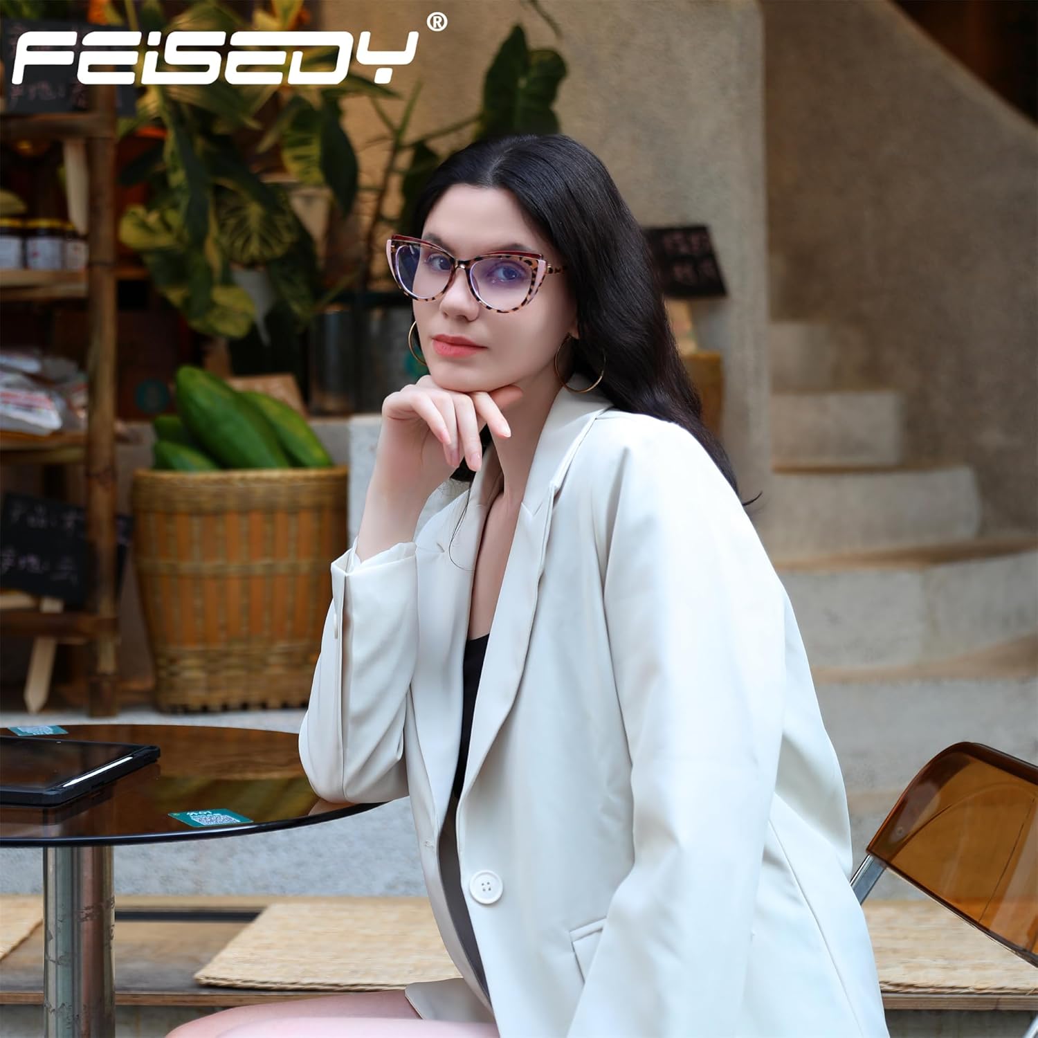 FEISEDY Gafas de bloqueo de luz azul ojo de gato falso nerd transparente gafas de computadora TR marco de moda B0040