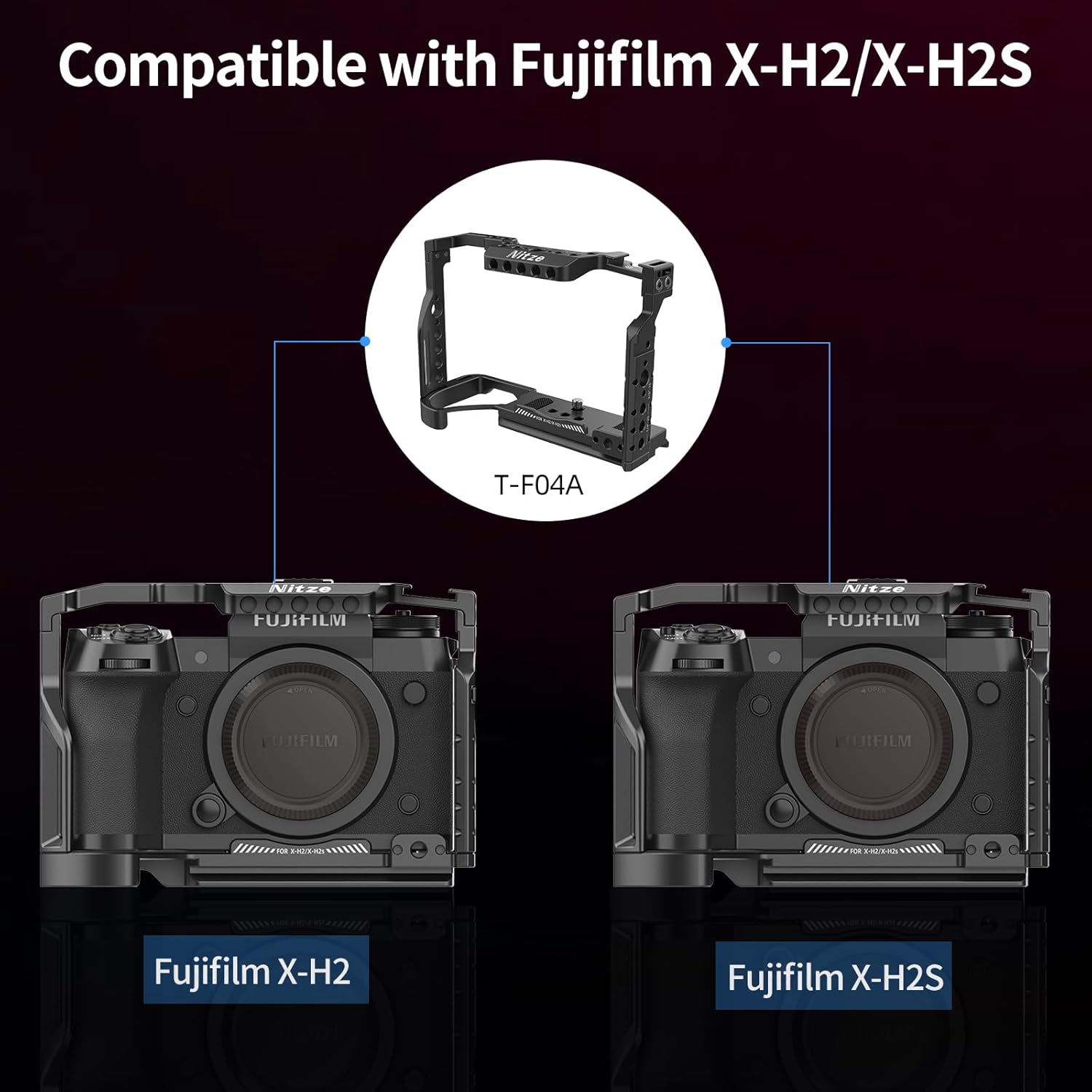 Nitze Jaula X-H2X-H2S para cámara FUJIFILM X-H2FUJIFILM X-H2S con zapata fría incorporada, riel NATO y placa de liberación rápida Arca – T-F04A