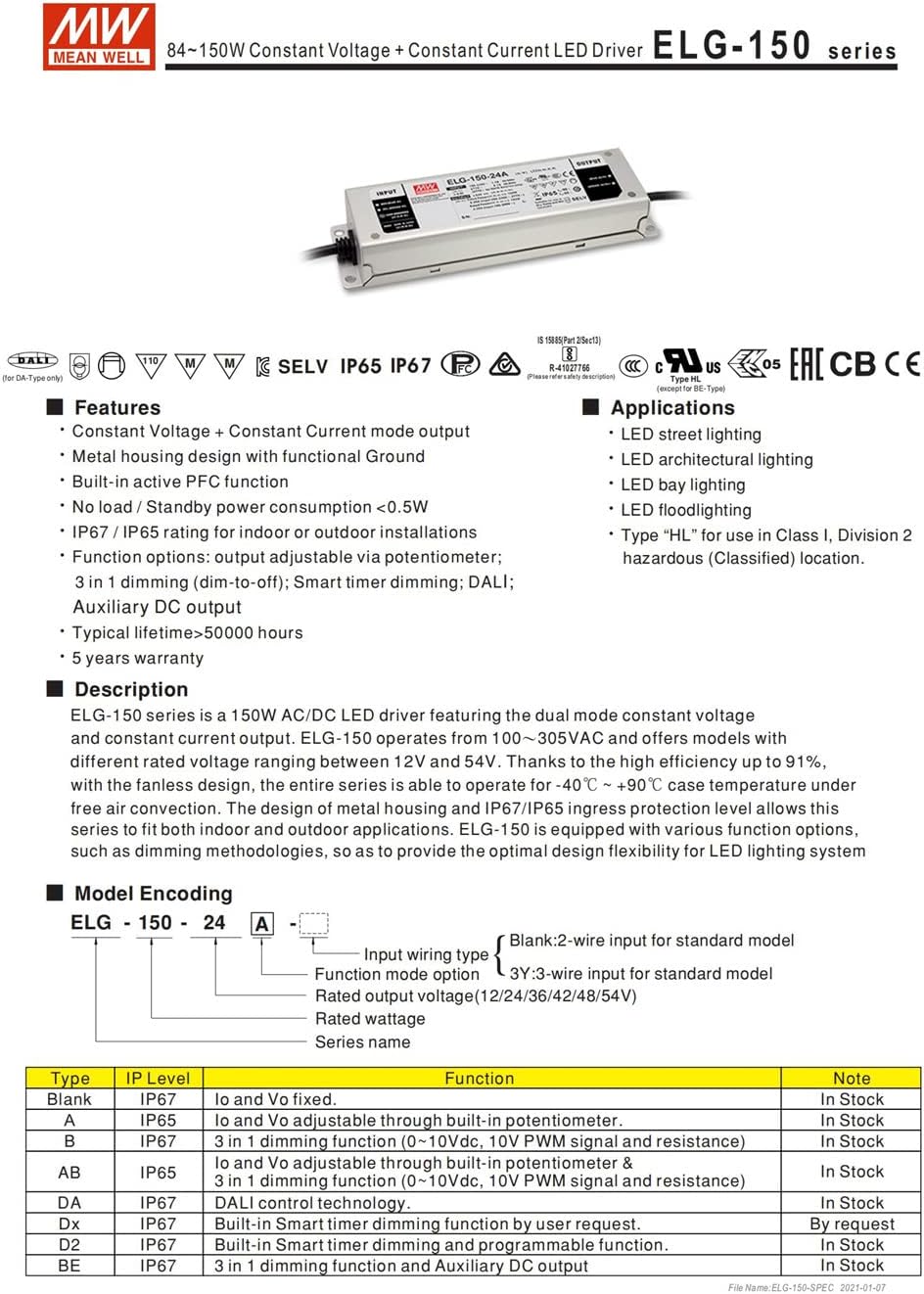 MW Mean Well carcasa metálica ELG-150-122436424854A-3Y con función PFC 3 en 1DALItemporizador atenuaciónC.V. o C.C.IP67 fuente de alimentación
