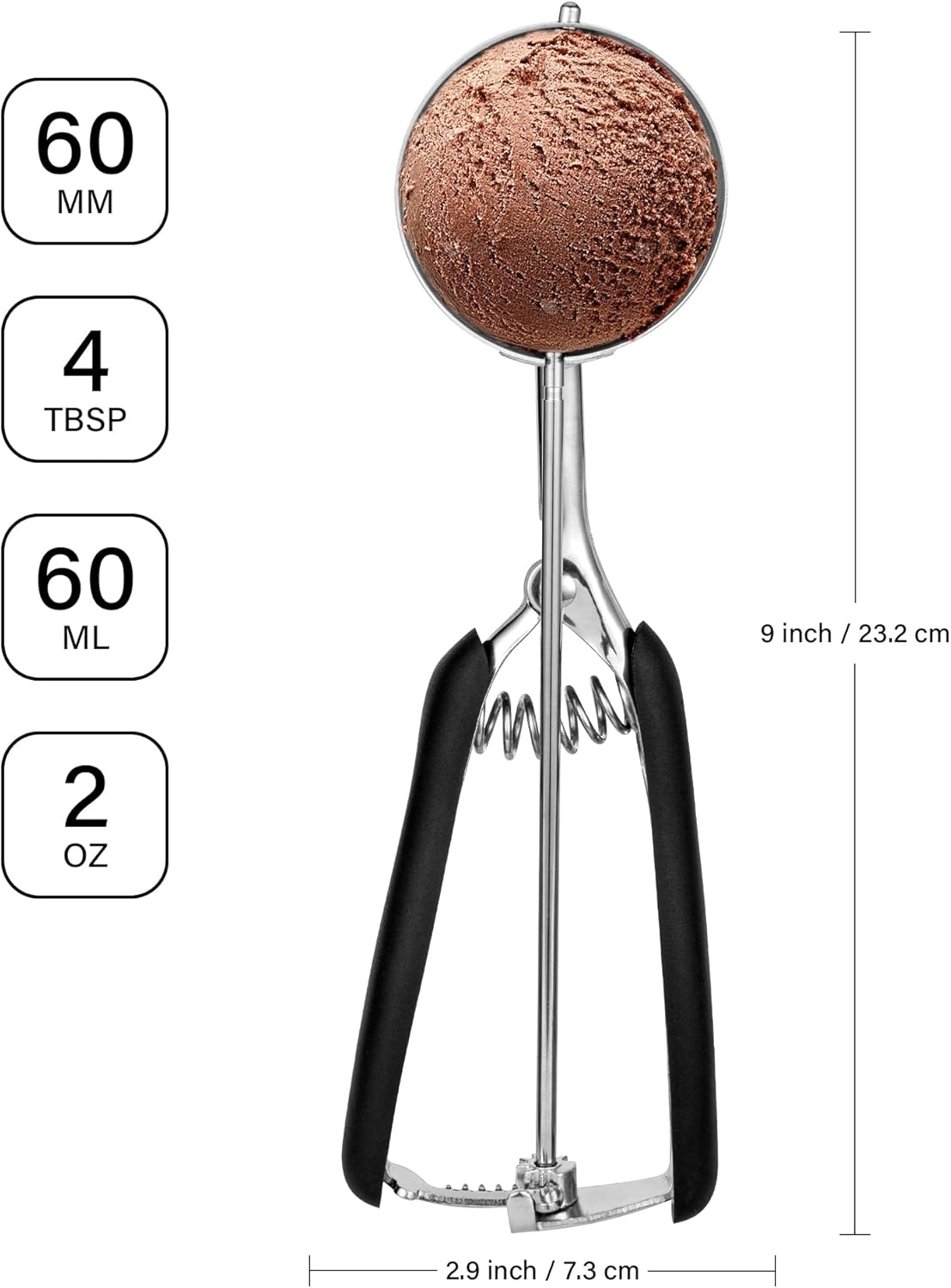 TJ POP – Cuchara profesional para helados de acero inoxidable de 2.362 in, agarre suave, liberación rápida, 2.0 fl oz