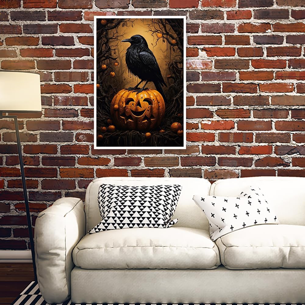 Arte de pared gótico vintage con diseño de cuervo negro y calabaza sonriente, póster de Halloween, lienzo de estilo victoriano, Academia oscura,