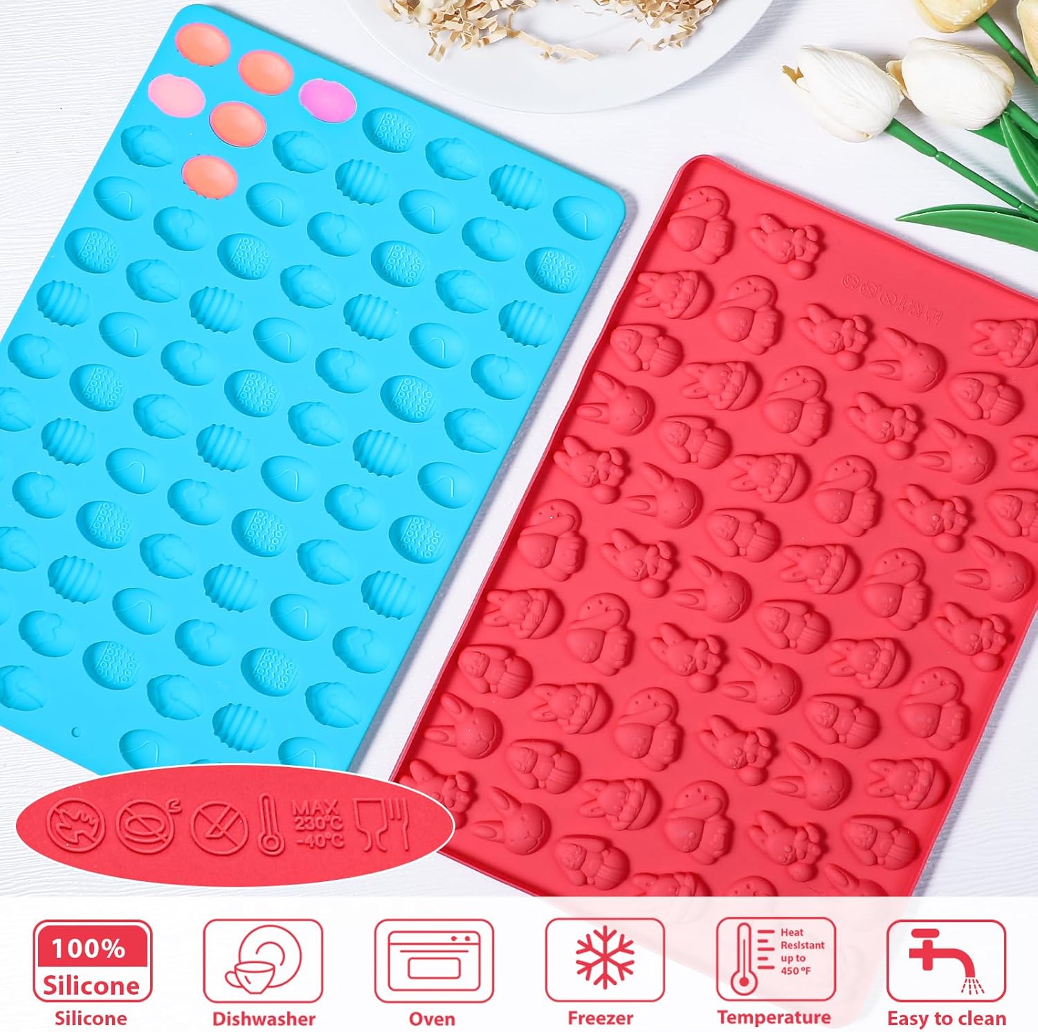 Webake Mini moldes de silicona de Pascua con forma de conejo y huevo de Pascua, moldes de conejo de 58 cavidades y moldes de huevos de 83 cavidades