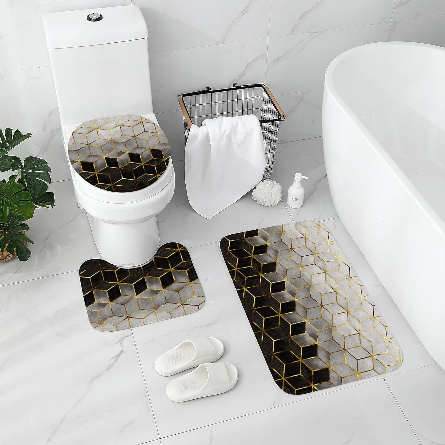 Gibelle Juego de 4 cortinas de ducha de baño con alfombras antideslizantes, cubierta para tapa de inodoro y tapete de baño, líneas cúbicas doradas