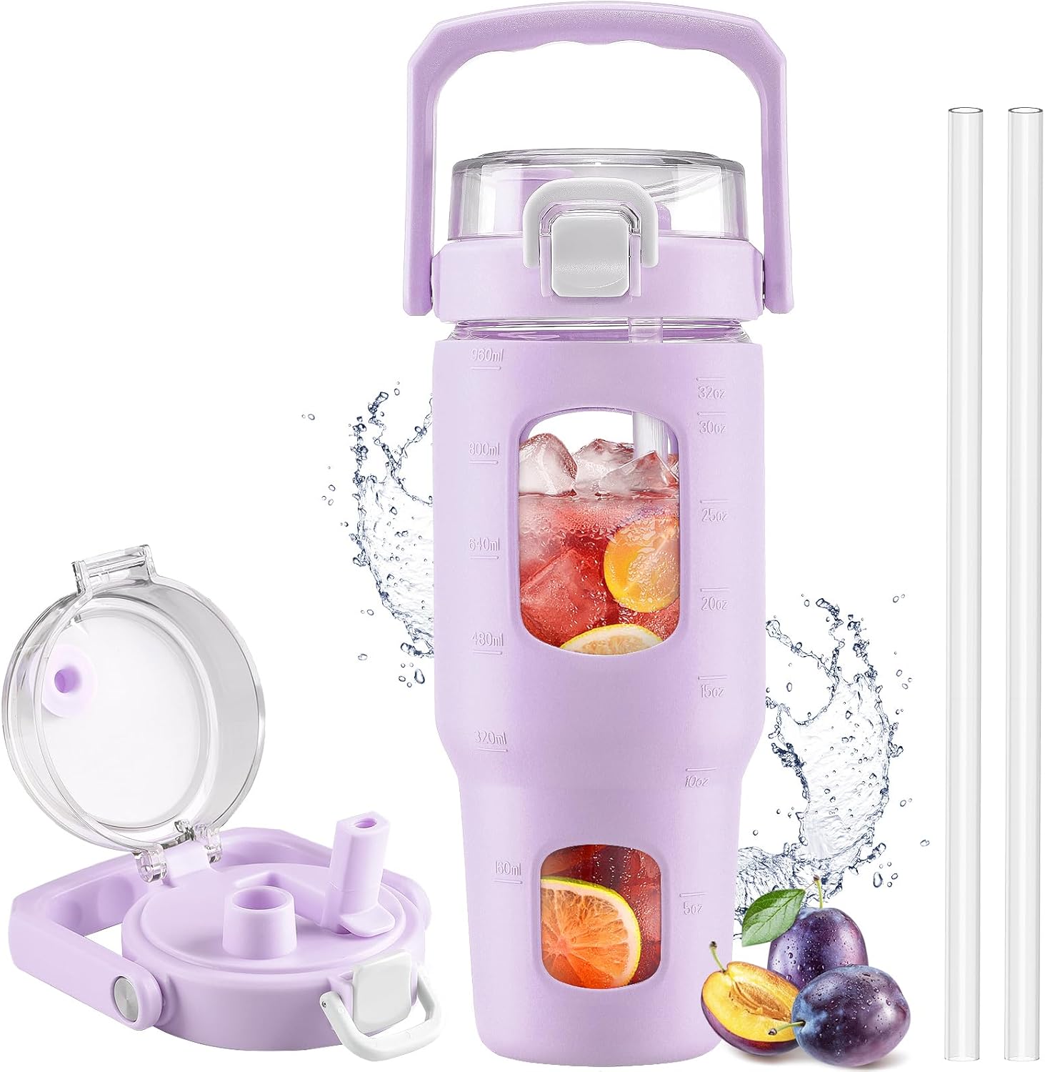 BLUEGO Botella de agua de vidrio de 32 onzas con popote y tapa, botella de agua potable de vidrio con asa, taza de café helado con marcador de