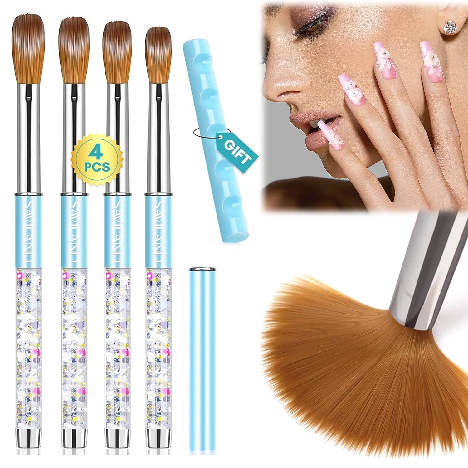 SAVILAND 4 pinceles acrílicos para uñas, tamaño 8101416, juego de pinceles de uñas acrílicas para aplicación acrílica, pinceles de uñas azules para