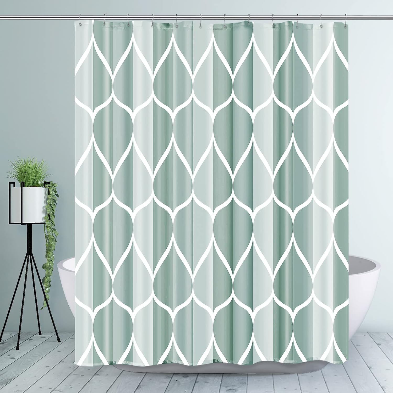 Cortina de ducha hecha de tela, de color verde oscuro, impermeable, de poliéster, diseño geométrico, de secado rápido, dobladillo pesado, juego de